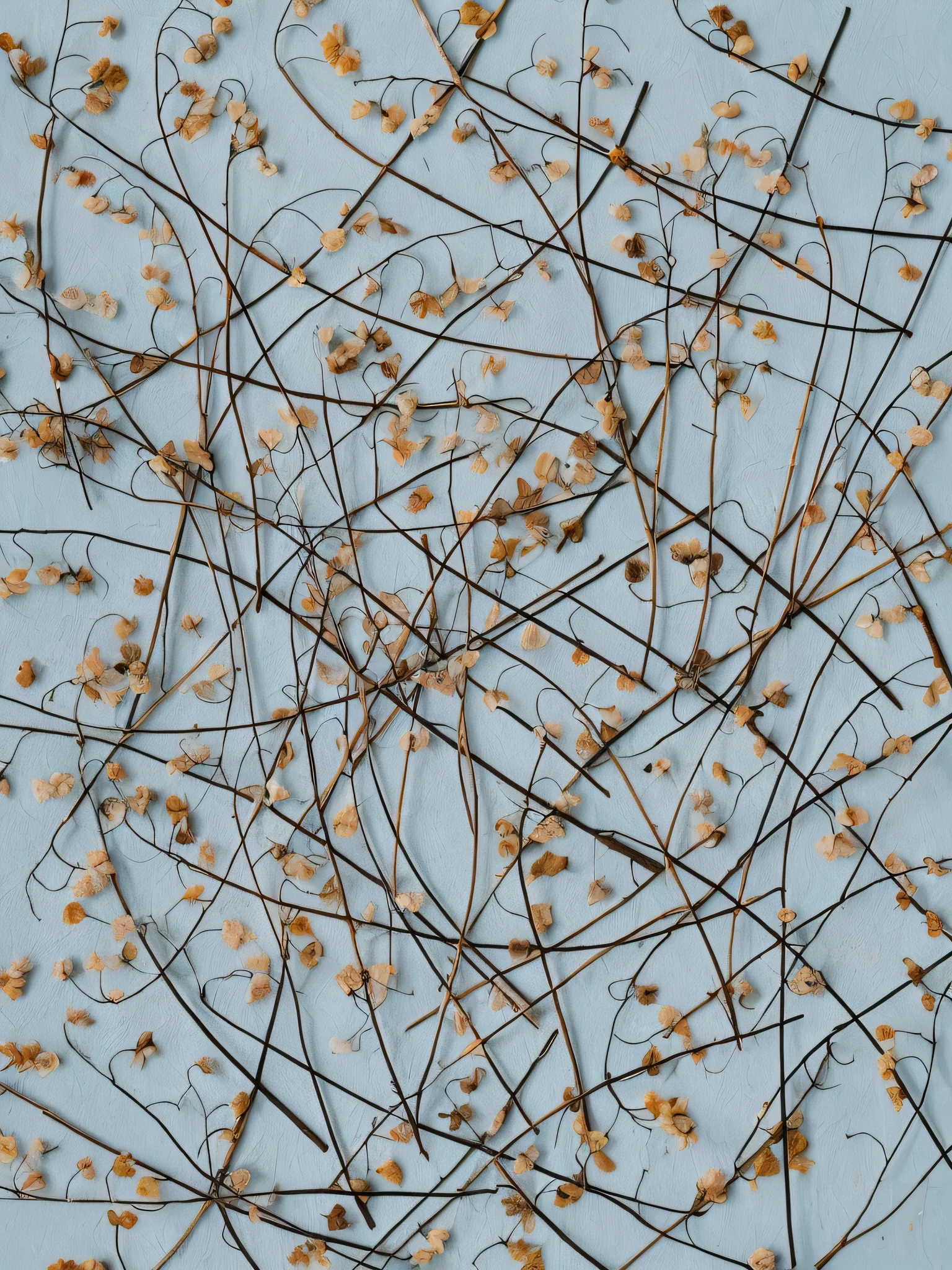 dried flowers and twigs on a blue surface with a white background, dried plants, dried leaves, abstract texture, scattered golden flakes, background full of brown flowers, dried vines, hyperdetailed twigs and plants, branches composition abstract, dried petals, dry grass, branches and twigs, dead plants and flowers, small clocks as leaves, tendrils in the background