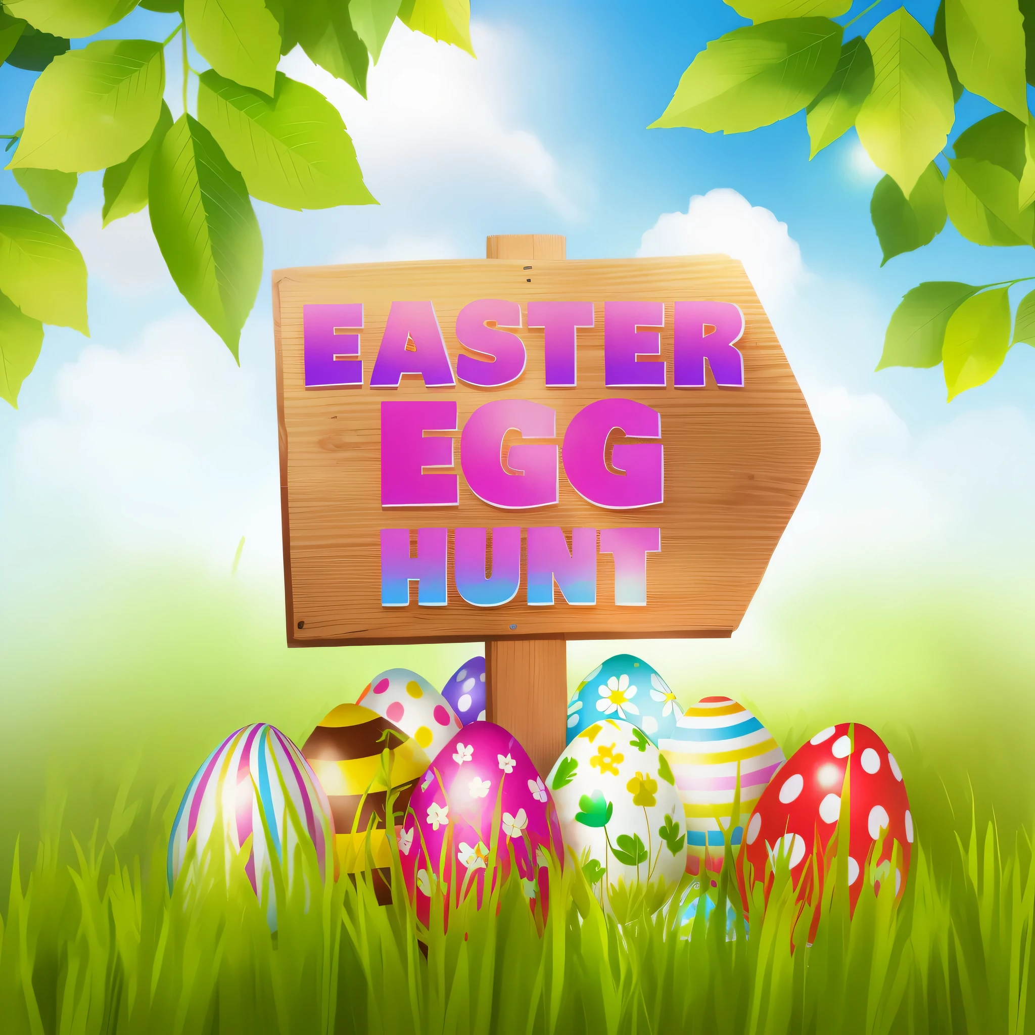 easter egg hunt with wooden sign and colorful eggs in grass, best on adobe stock, easter, hidden, by senior artist, hd illustration, by Elias Ravanetti, print ready, higher detailed illustration, by Joseph Bowler, header text”, realistic background, a hyper realistic, by Jennifer Bartlett, ( land ), high detailed illustration, by John Henderson, noon