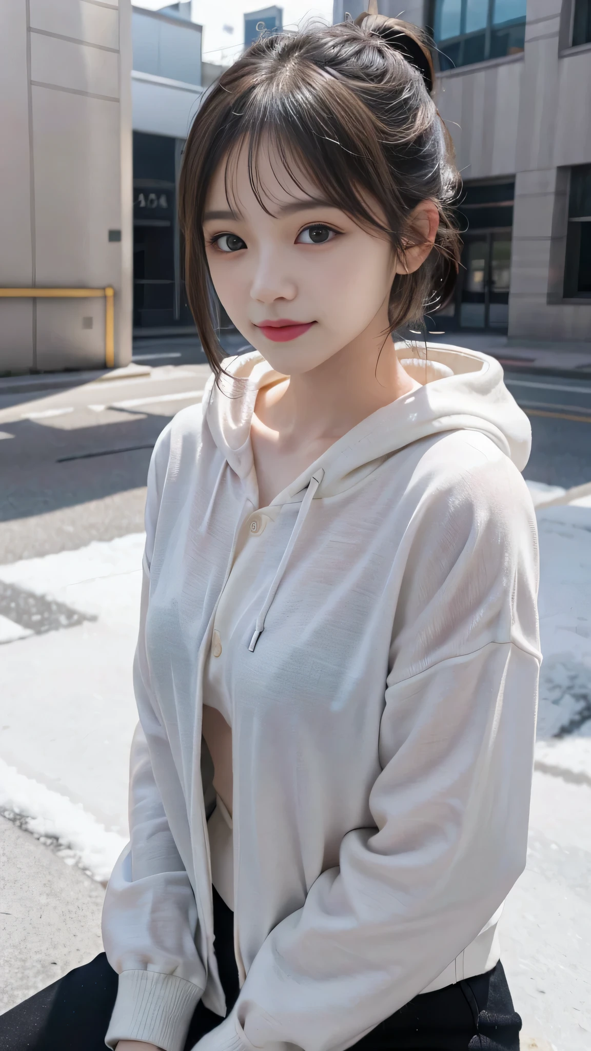 European Streets,One woman,fully body photo,masutepiece, The highest image quality, High quality, the background is clear，Beautiful woman, Japanese, Detailed, Detailed eyes, Detailed skin, Beautiful skin, 超hight resolution, (reality: 1.4),Very beautiful woman, Slightly younger face, Beautiful skin, slender, (Ultra photo realsisim), (hight resolution), (8K), (Very detailed) (beautifully detailed eyes), (super detailed), (Detailed face), view the viewer, Fine details, Detailed face, Staring straight ahead, Staring straight ahead, photos realistic, Bright lighting, Professional Lighting, Black hair,poneyTail,a baby face,fifteen years old,Hairstyle is ponytail,long ponytail hairstyle,slight smile,neat and tidy clothing,European Streets,Beautiful Japanese KPOP idol photo, hair style is ponytail, my eyes are double and wide, baby face, smile and look straight ahead, slender, small breasts,neat and tidy clothing,winter Clothing,snowing,wears a hoodie with a hood,