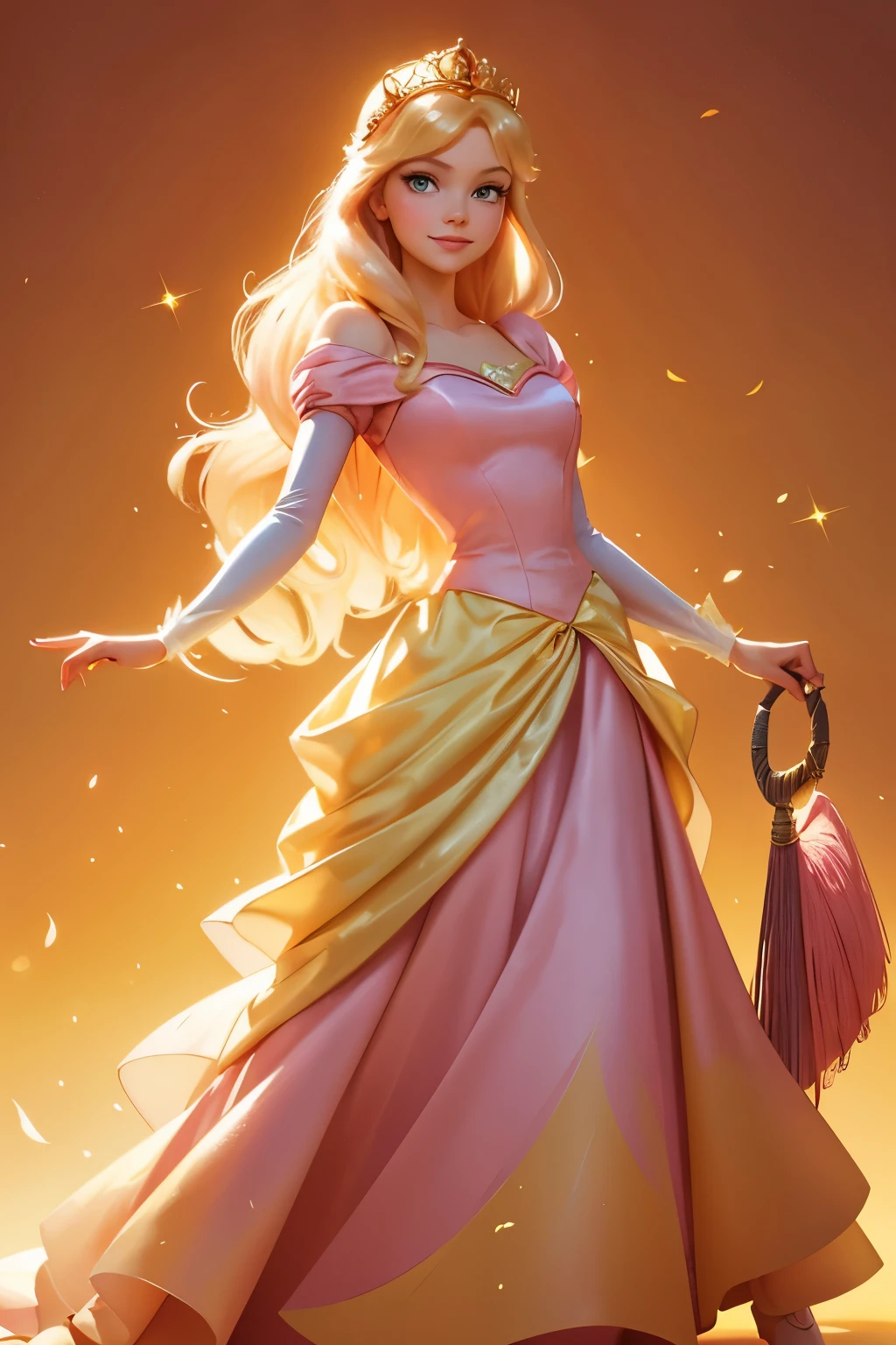 
Disney-Pixar style cartoon illustration featuring Princess Aurora in a flowing pink silk dress, bird alighting gently on her extended hands, golden yellow void background, direct eye contact with a warm smile, center-framed, full body portrait captured from a low up-tilt angle, with a cinematic raking lighting effect akin to an Artgerm painting, ultra fine, vivid colors.

