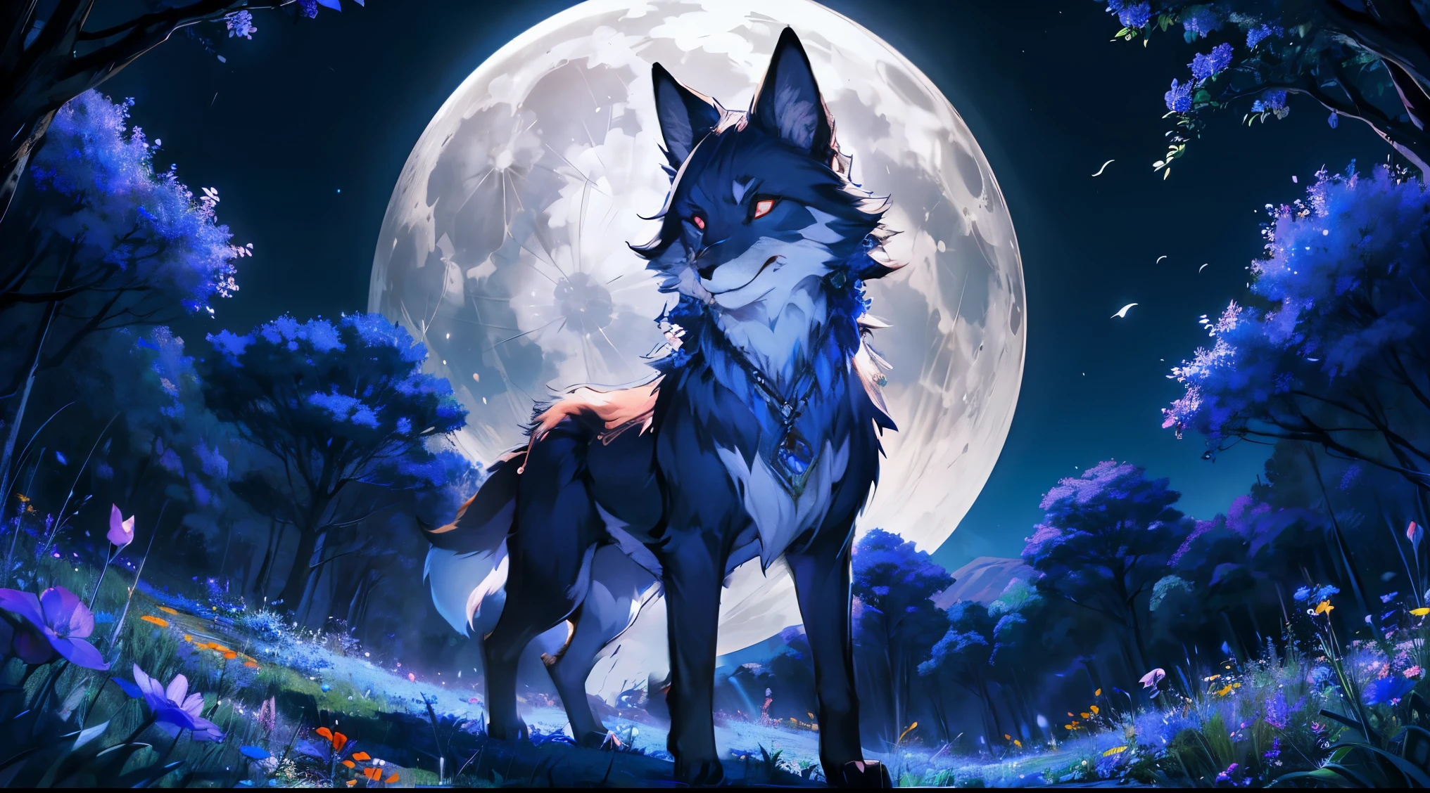 silver-furred fox with nine tails under a tree full of blue flowers with the moon behind
