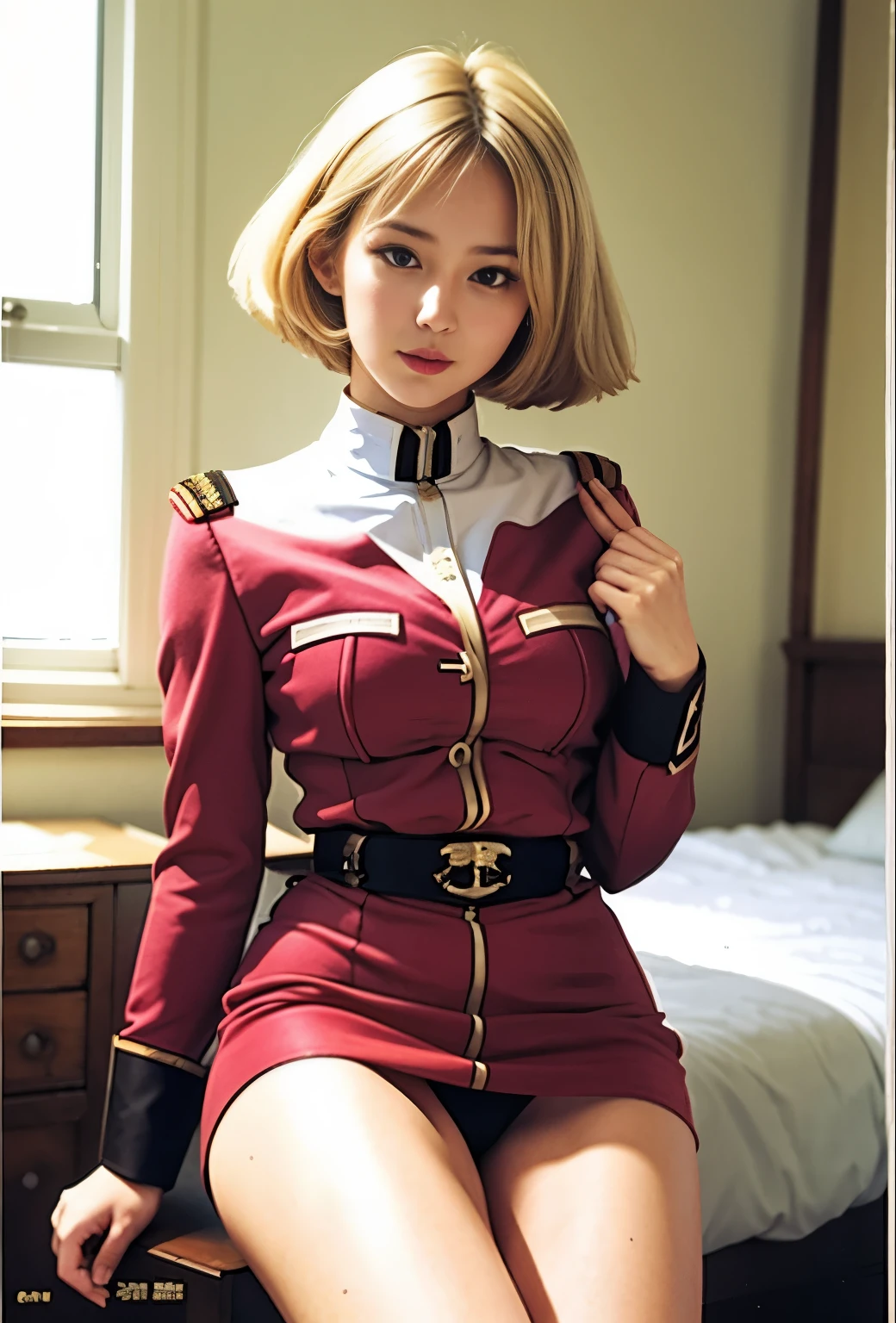 real photos、Highest image quality、real image、federal army uniform、Frau Bow、cute girl、18-year-old、super mini skirt、beautiful thighs、white 、赤いミニスカートがめくれてwhite panties