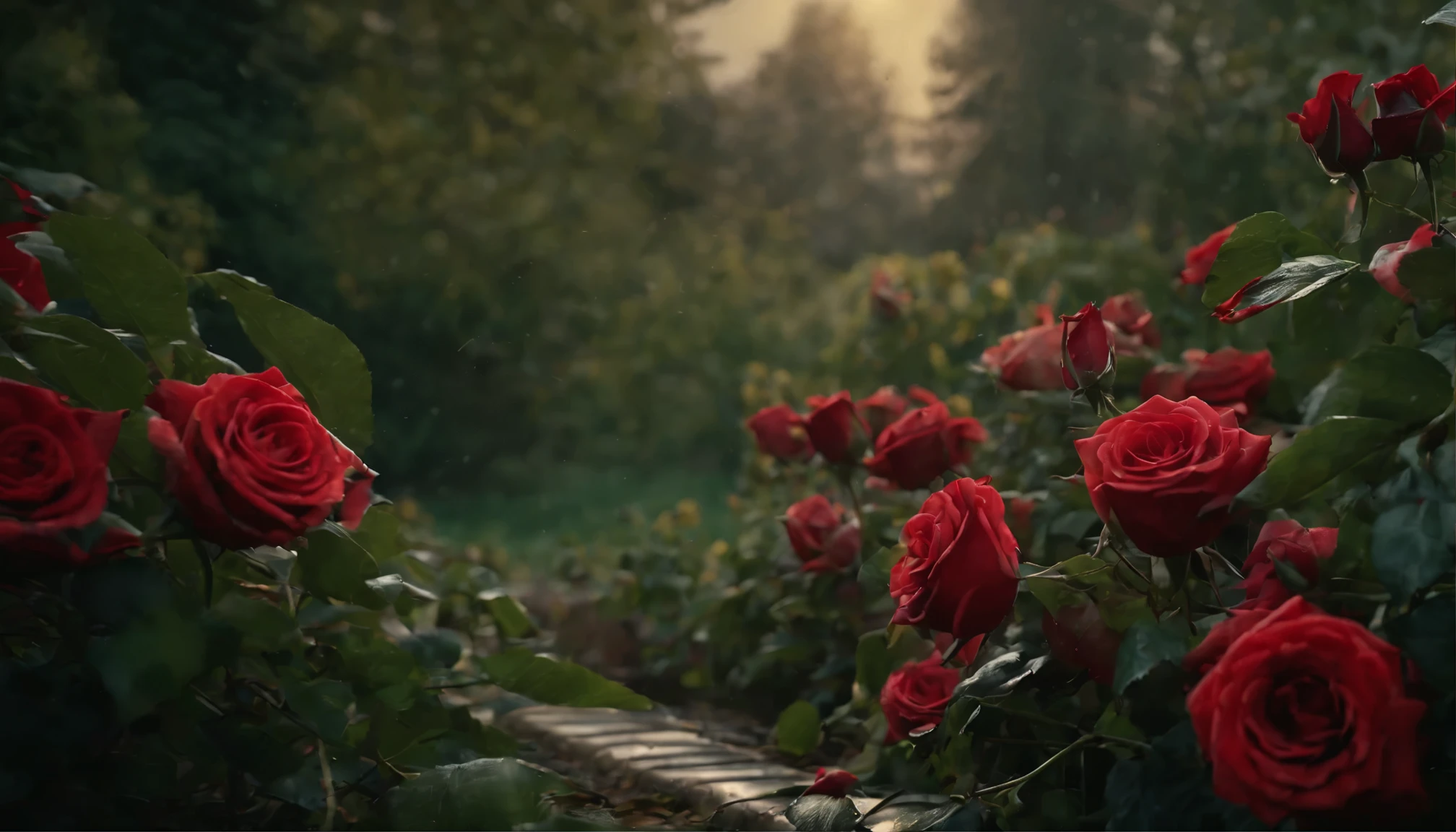 (best quality,4k,8k,highres,masterpiece:1.2),ultra-detailed,(realistic,photorealistic,photo-realistic:1.37),roses garden,black color, rain-washed,illustration,petals gently dripping water,fragrant blooming flowers,dark romantic atmosphere,moody lighting,vivid red and green colors,soft focus,delicate details,water droplets on leaves,fresh and wet appearance,dreamlike surrealistic environment,ethereal ambiance,beautiful detailed flowers,collapsed dark clouds,abundance of roses,peaceful and serene setting,heightened contrast,mesmerizing and mysterious beauty,unique and enchanting scene,captivating visual experience,hauntingly captivating art,atmospheric composition,breathtakingly realistic artwork,meticulously crafted masterpiece,immersive and evocative illustration,fantasy-like elements blended seamlessly,ethereal and magical garden ambiance