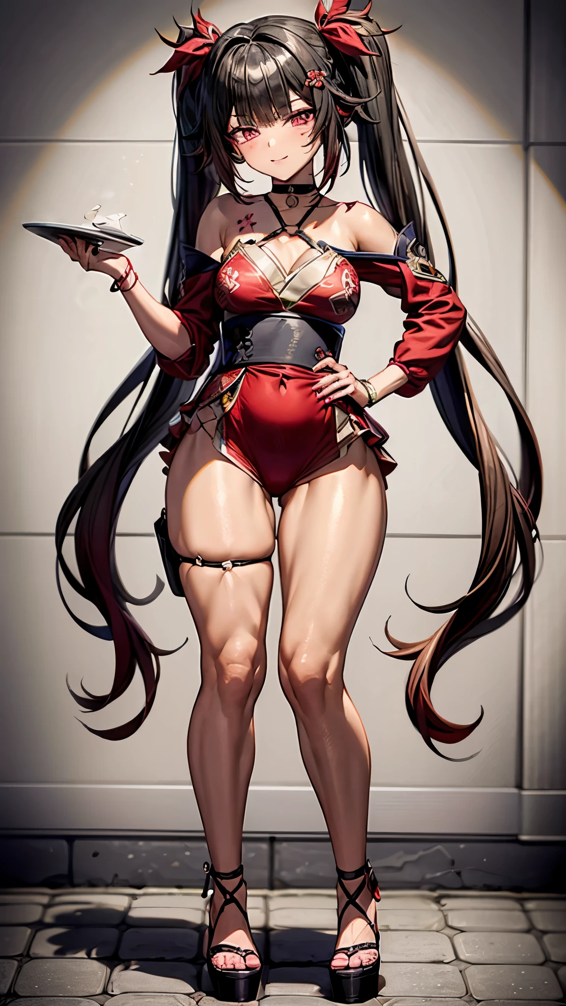 type: Digital Art Style: Anime Style Color: Predominantly red with contrasts of black and white, Eye color: bright crimson red, with luminous reflections. Hair color Black with red highlights, HAIRSTYLE: Long with twintails, adorned with the traditional red and gold hair ornament, (((mischievous and playful smile with a touch of mischief))), muscular and sadistic legs, (((scene beach))), Standing, (full body photo), manicured nails, red nails, ((wearing a very short and sexy bikini)), ntsw