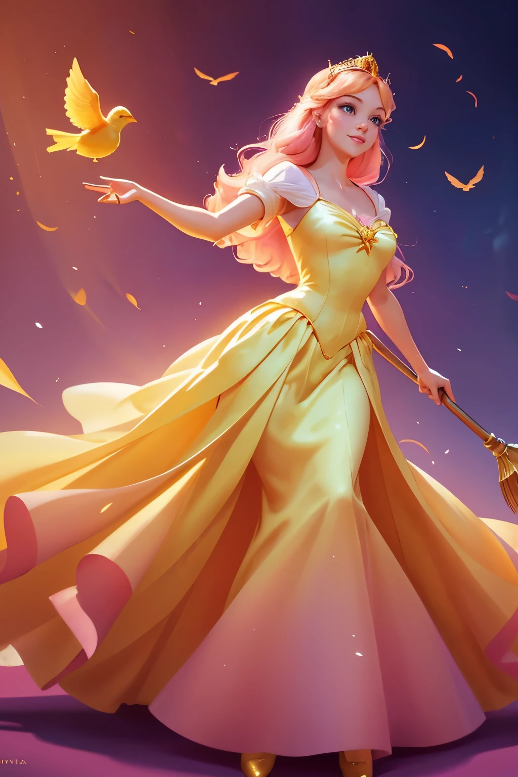 Disney-Pixar style cartoon illustration featuring Princess Aurora in a flowing pink silk dress, bird alighting gently on her extended hands, golden yellow void background, direct eye contact with a warm smile, center-framed, full body portrait captured from a low up-tilt angle, with a cinematic raking lighting effect akin to an Artgerm painting, ultra fine, vivid colors.