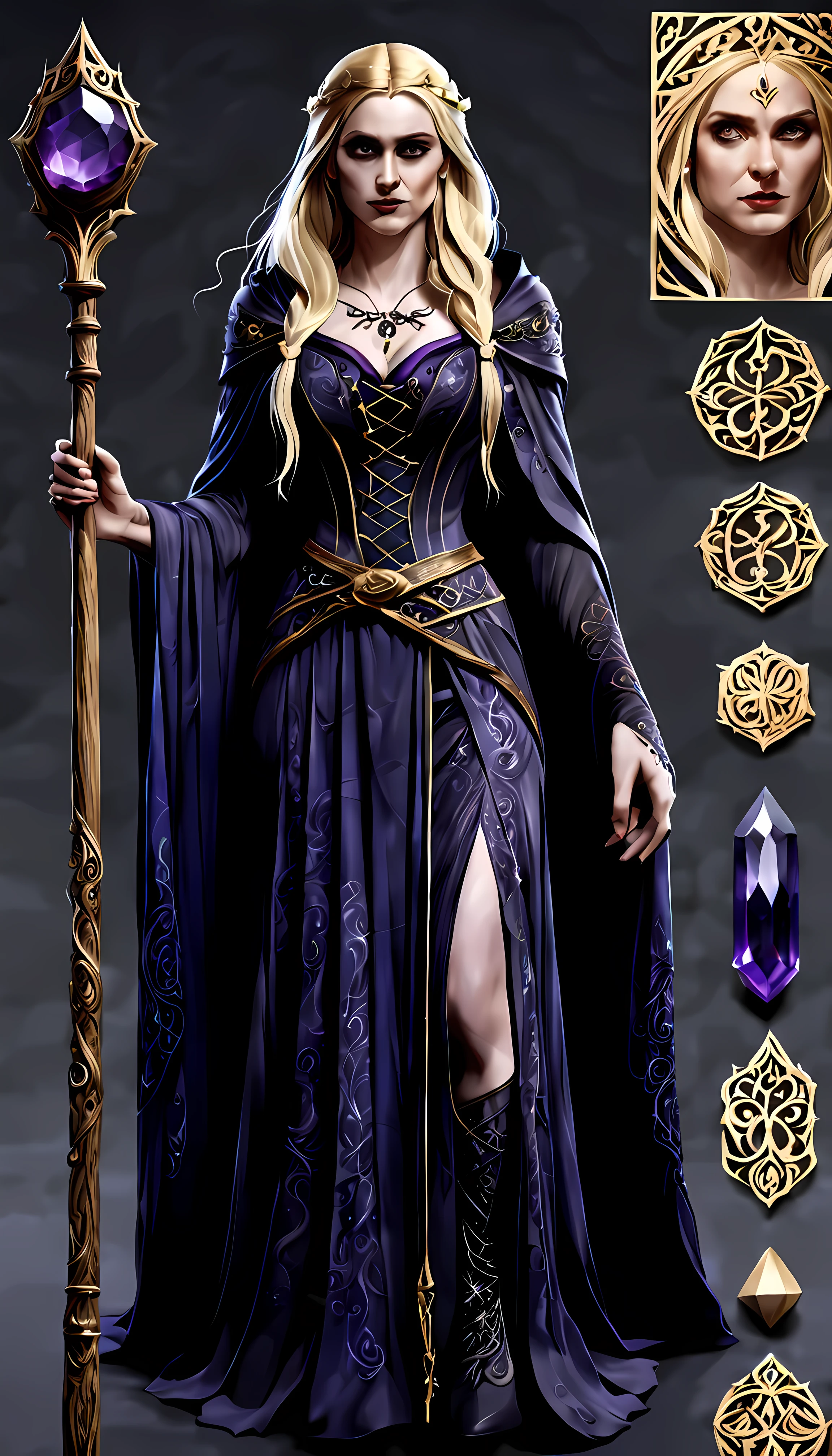 (sketch_sheet), front view of stunning Morgana, a cunning gothic witch witch with flowing blonde hair, her amethyst robe has intricate lace patterns, holding a wooden magic staff with intricate carvings and a glowing crystal on top, deep blue eyes, golden ration, sharp focus, dynamic, cinematic, magical, masterpiece in maximum 16K resolution, superb quality. | ((More_Detail))