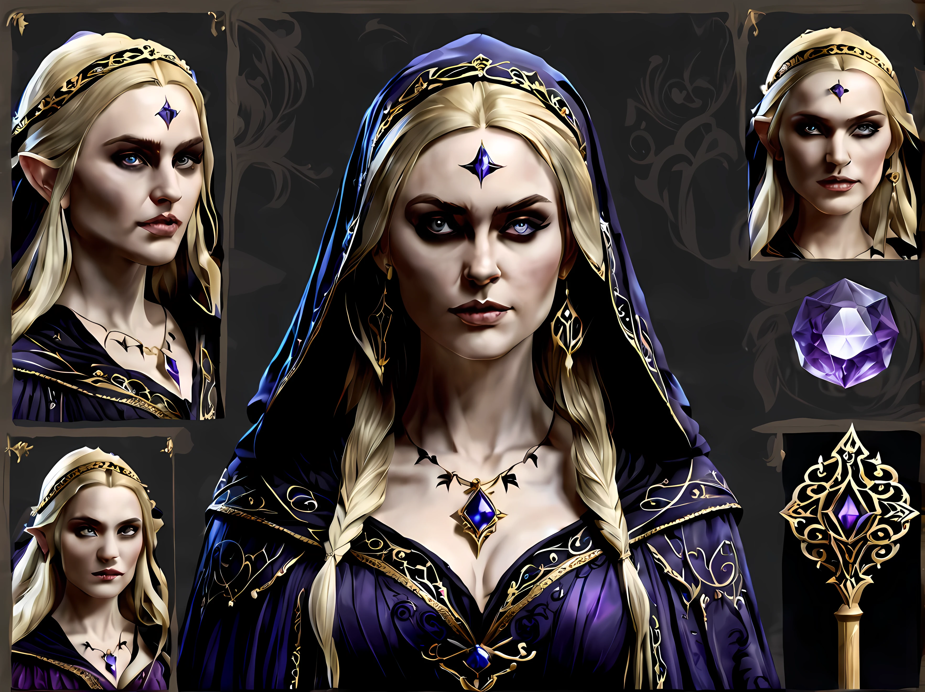 (sketch_sheet), front view of stunning Morgana, a cunning gothic witch with flowing blonde hair, her amethyst robe has intricate lace patterns and embroidery, holding a wooden magic staff with intricate carvings and a glowing crystal on top, deep blue eyes, golden ration, sharp focus, dynamic, cinematic, magical, masterpiece in maximum 16K resolution, superb quality. | ((More_Detail))