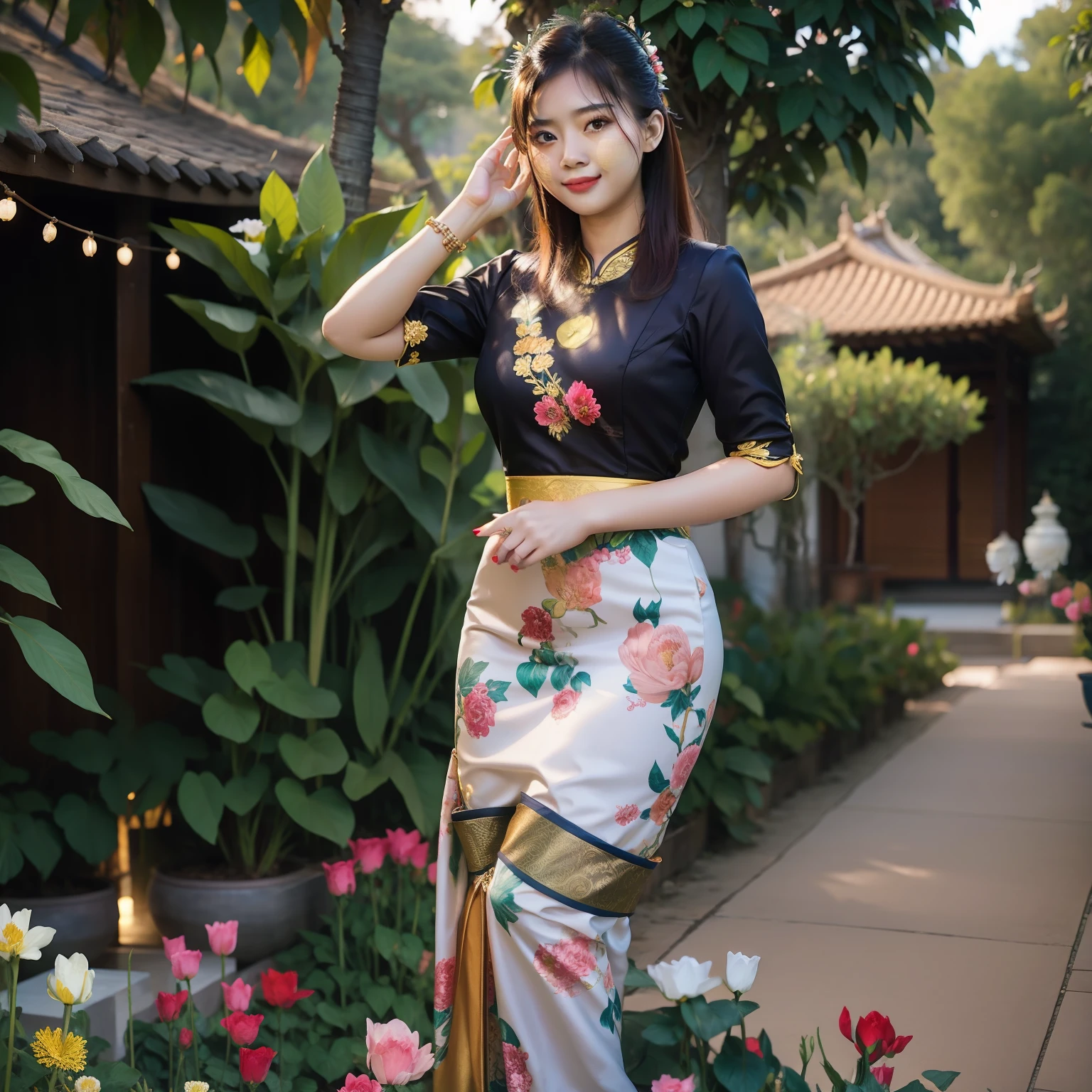 there is a woman standing in a garden with flowers and a phone, sukhothai costume, in the evening, mid shot portrait, traditional beauty, beautiful woman, in style of thawan duchanee, in garden, gorgeous lady, cute woman, full body cute young lady, a young asian woman, asian woman, wearing an elegant tribal outfit, gorgeous woman