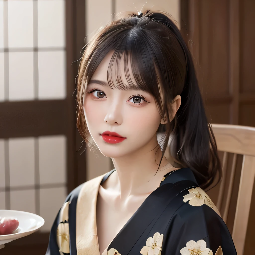 (table top:1.3), (8k, realistic, RAW photo, highest quality: 1.4), Japanese, (Women of the Edo period), Japanese clothing from the Edo period、expensive kimono、brightly colored kimono、Edo period hair、Japanese hair、hairpin、kimono hairstyle、short ponytail、beautiful face, (realistic face), (black hair), beautiful nape, realistic eyes, fine and beautiful eyes, (realistic skin), beautiful skin, charm, 超A high resolution, 超realistic, very detailed, golden ratio,, beautiful clavicle, pure white makeup、bright red lipstick、18-year-old,
