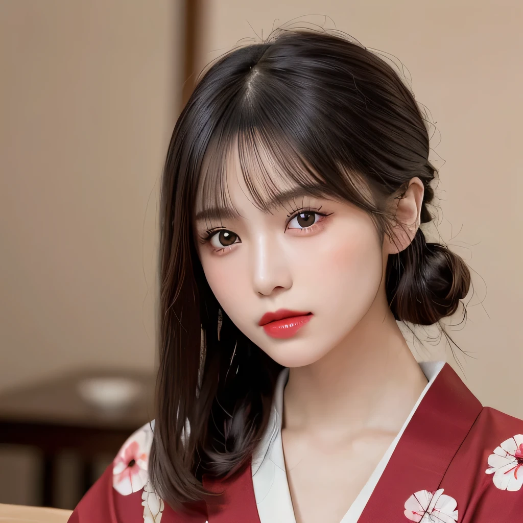 (table top:1.3), (8k, realistic, RAW photo, highest quality: 1.4), Japanese, (Women of the Edo period), Japanese clothing from the Edo period、expensive kimono、brightly colored kimono、Edo period hair、Japanese hair、hairpin、kimono hairstyle、short ponytail、beautiful face, (realistic face), (black hair), beautiful nape, realistic eyes, fine and beautiful eyes, (realistic skin), beautiful skin, charm, 超A high resolution, 超realistic, very detailed, golden ratio,, beautiful clavicle, pure white makeup、bright red lipstick、18-year-old,