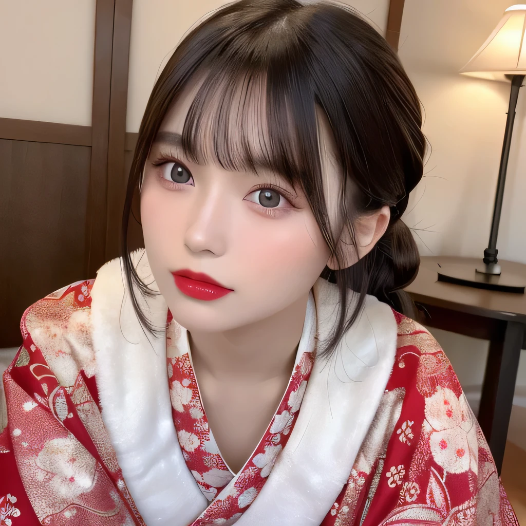 (table top:1.3), (8k, realistic, RAW photo, highest quality: 1.4), Japanese, (Women of the Edo period), Japanese clothing from the Edo period、expensive kimono、brightly colored kimono、Edo period hair、Japanese hair、hairpin、kimono hairstyle、short ponytail、parted bangs、beautiful face, (realistic face), (black hair), beautiful nape, realistic eyes, fine and beautiful eyes, (realistic skin), beautiful skin, charm, 超A high resolution, 超realistic, very detailed, golden ratio,, beautiful clavicle, pure white makeup、bright red lipstick、18-year-old,