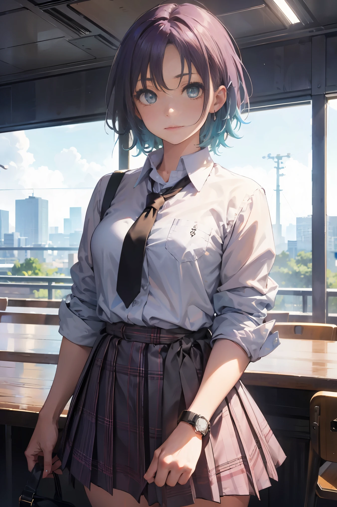 Toru Accra, Toru Asakura, Blue hair, earrings, Gradient Hair, multicolored hair, Parted bangs, Purple hair, Break Cardigan, Cardigan around the waist, clothes around waist, loose necktie, Open collar, Plaid, plaid skirts, Pleated skirt, School uniform, Skirt, sleeves rolled up, wristbands, BREAK looking at viewer, BREAK (masutepiece:1.2), Best Quality, High resolution, Unity 8k壁纸, (Illustration:0.8), (Beautiful detailed eyes:1.6), extra detailed face, Perfect Lighting, extremely details CG, (Perfect hands, Perfect ???????),