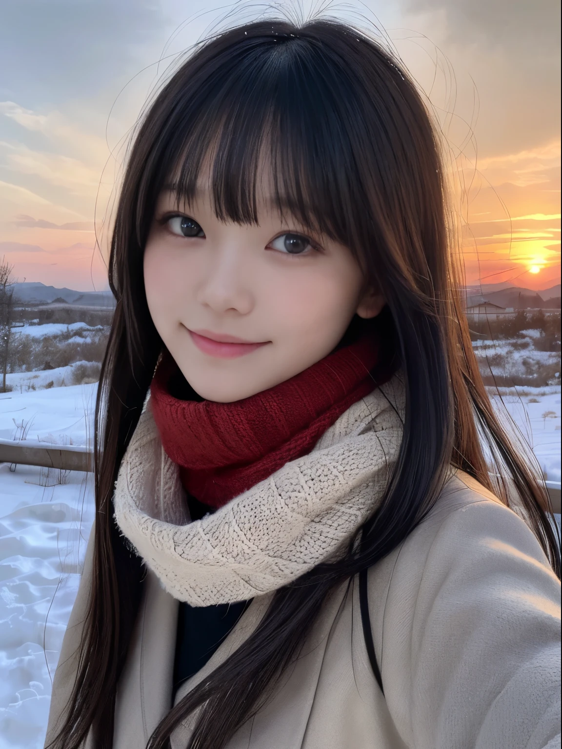 (Dressed in winter uniform with winter coat and scarf、Close up focus on the face of a slender girl with long hair with blunt bangs :1.5)、smiling girl:1.5)、Scarf、light shines on your face、(Girl's hair fluttering in the wind:1.5)、(Beautiful snowy sunset red sky:1.5)、(no mask:1.3)、(full finger:1.3)、realistic、High resolution, delicate and beautiful、perfect face、detailed and beautiful eyes、Fair skin、real human skin、pores、((thin legs))、(black hair)、Stylish and beautiful legs、bright、High luminosity