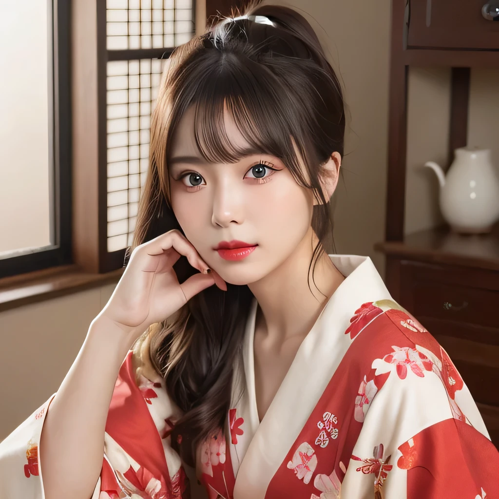 (table top:1.3), (8k, realistic, RAW photo, highest quality: 1.4), Japanese, (Women of the Edo period), Japanese clothing from the Edo period、expensive kimono、brightly colored kimono、Edo period hair、Japanese hair、hairpin、kimono hairstyle、short ponytail、parted bangs、beautiful face, (realistic face), (black hair), beautiful nape, realistic eyes, fine and beautiful eyes, (realistic skin), beautiful skin, charm, 超A high resolution, 超realistic, very detailed, golden ratio,, beautiful clavicle, pure white makeup、bright red lipstick、In a Japanese room、18-year-old,