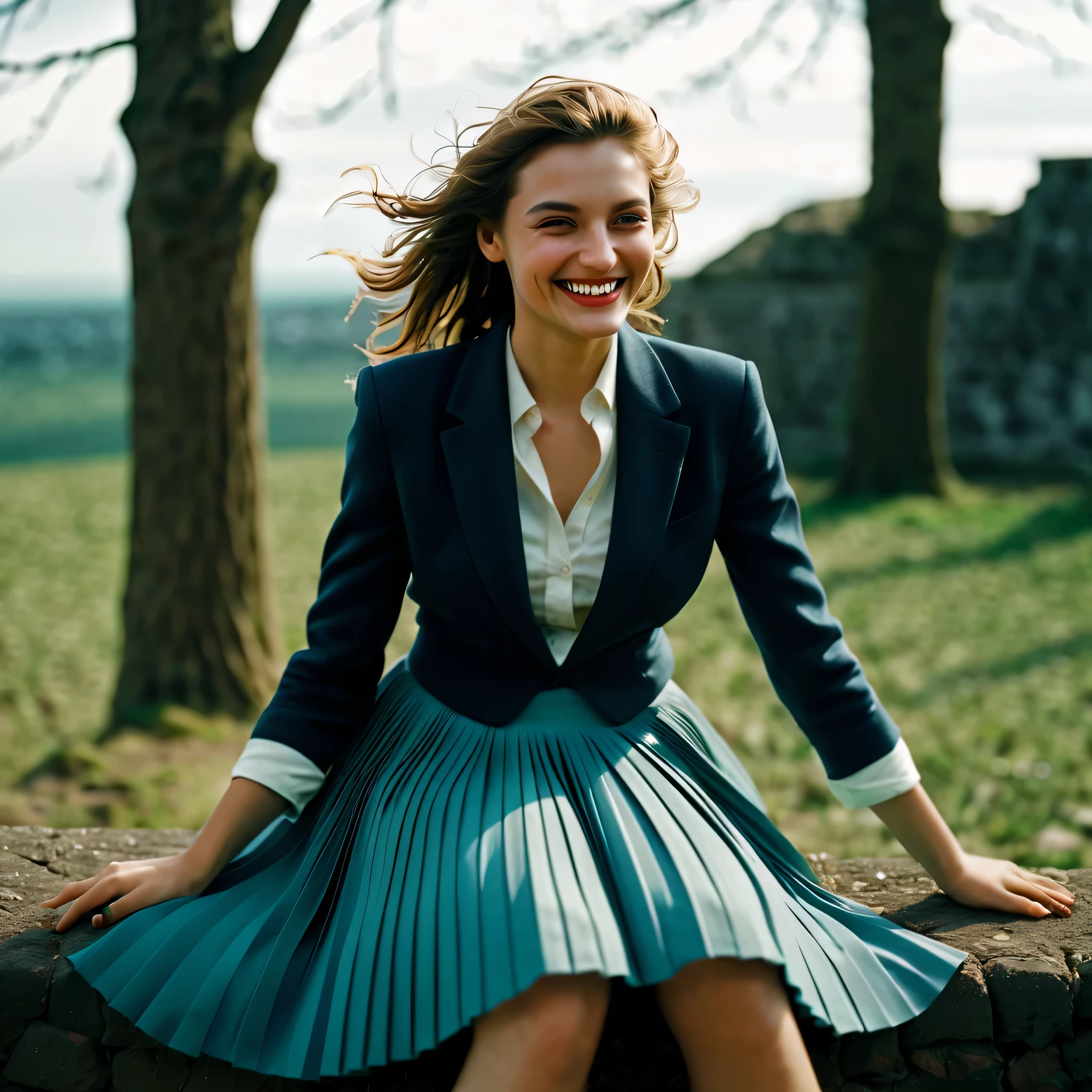 Realistic photography, A woman with short hair and a green skirt is dancing.