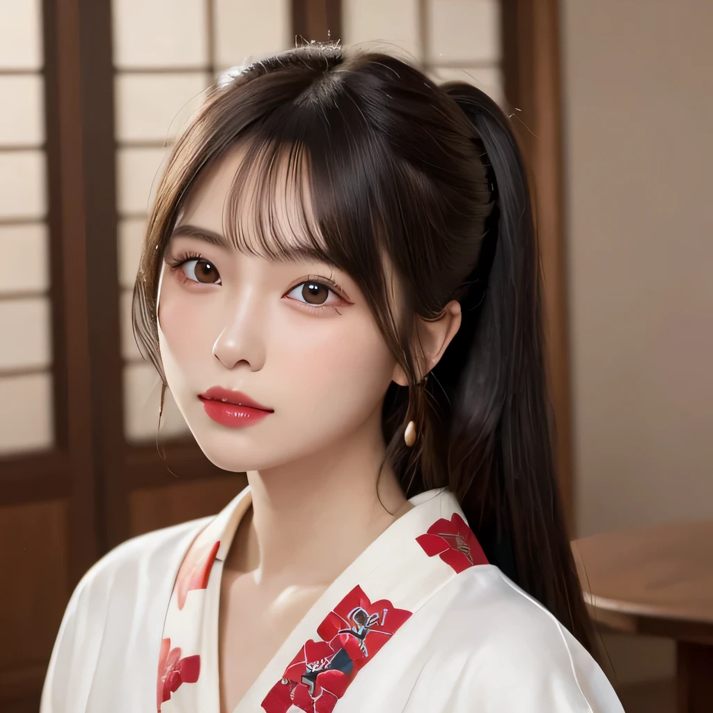 (table top:1.3), (8k, realistic, RAW photo, highest quality: 1.4), Japanese, (Women of the Edo period), Japanese clothing from the Edo period、expensive kimono、brightly colored kimono、Edo period hair、Japanese hair、hairpin、kimono hairstyle、short ponytail、parted bangs、beautiful face, (realistic face), (black hair), beautiful nape, realistic eyes, fine and beautiful eyes, (realistic skin), beautiful skin, charm, 超A high resolution, 超realistic, very detailed, golden ratio,, beautiful clavicle, pure white makeup、bright red lipstick、In a Japanese room、18-year-old,