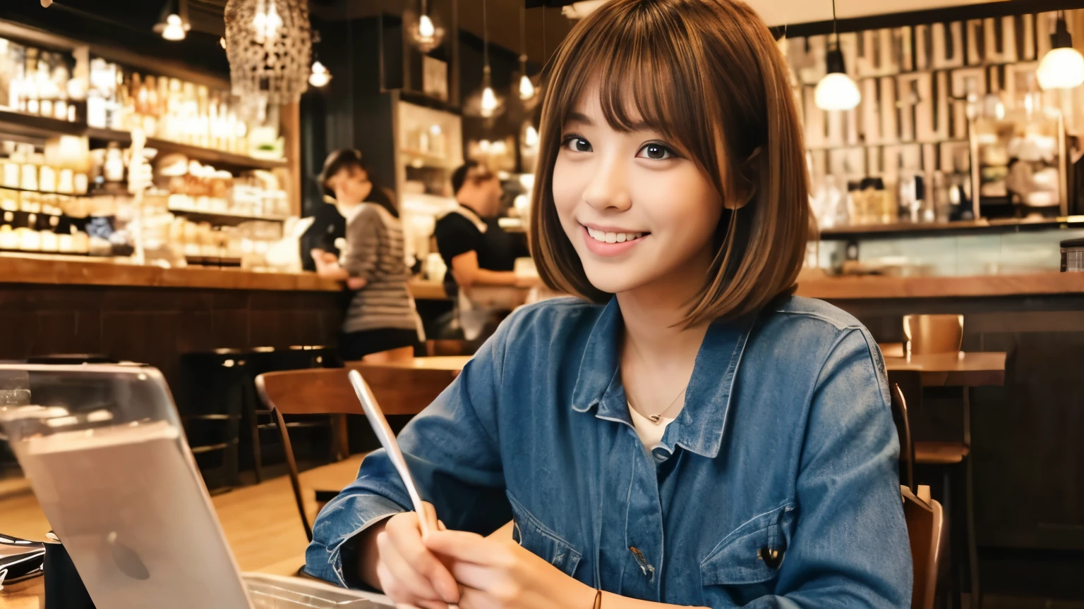 ((最high quality, 8k, masterpiece: 1.3)), perfect face,Inside a stylish cafe in New York、A scene in which a beautiful model-like woman with big breasts is drinking a latte and studying on a laptop.,everything around you, I can see other customers enjoying themselves too...。At the back of the cafe、Staff are busy working at the counter.、Feel the vibrancy and warmth of a city cafe.., sharp focus, 1 girl, sexy 1.2, brown hair, With bangs, (layered short hair), (big: 1.5), fine eyes, Beautiful eyes with slit length, double eyelid, (cat face), (cute Face), cute Smile, (close your mouth), (cute), soft skin, show the whole body, surreal, Super detailed, high quality, (カフェで勉強するショートヘアでbrown hairの美しい女子大生), ((詳細な非常にcute女子大生), ((big胸 It can be seen even through clothes)),Staring at my boyfriend