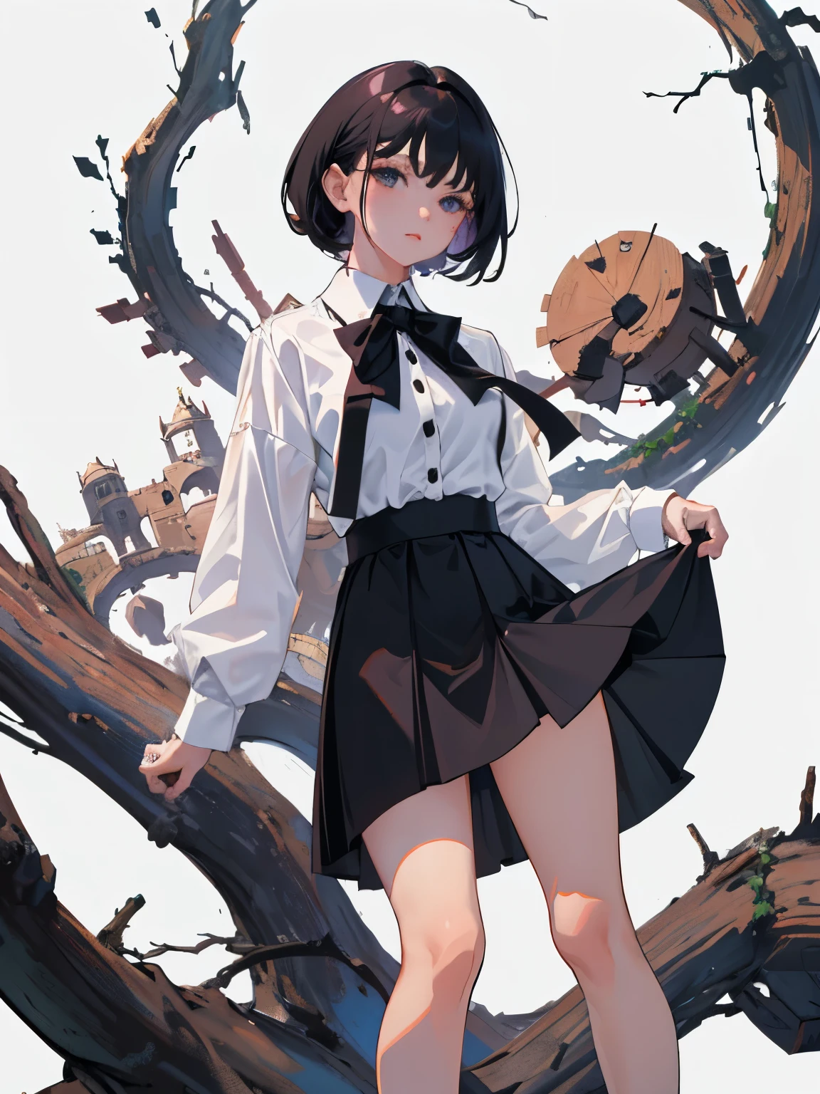 ((masterpiece, highest quality)), (1 girl), (alone), (female focus),Ratnapti, black eye, ((white shirt), (shirt with buttons)), ((black skirt), (short skirt)), Are standing, white background, turn your arms behind your back,