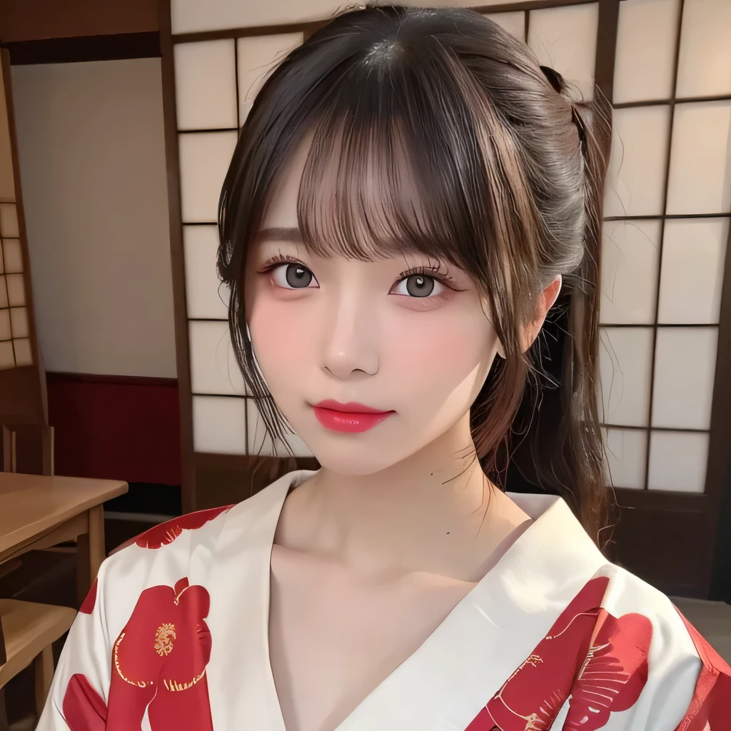 (table top:1.3), (8k, realistic, RAW photo, highest quality: 1.4), Japanese, (Women of the Edo period), Japanese clothing from the Edo period、expensive kimono、brightly colored kimono、Edo period hair、Japanese hair、hairpin、kimono hairstyle、short ponytail、parted bangs、beautiful face, (realistic face), (black hair), beautiful nape, realistic eyes, fine and beautiful eyes, (realistic skin), beautiful skin, charm, 超A high resolution, 超realistic, very detailed, golden ratio,, beautiful clavicle, pure white makeup、bright red lipstick、In a Japanese room、18-year-old,