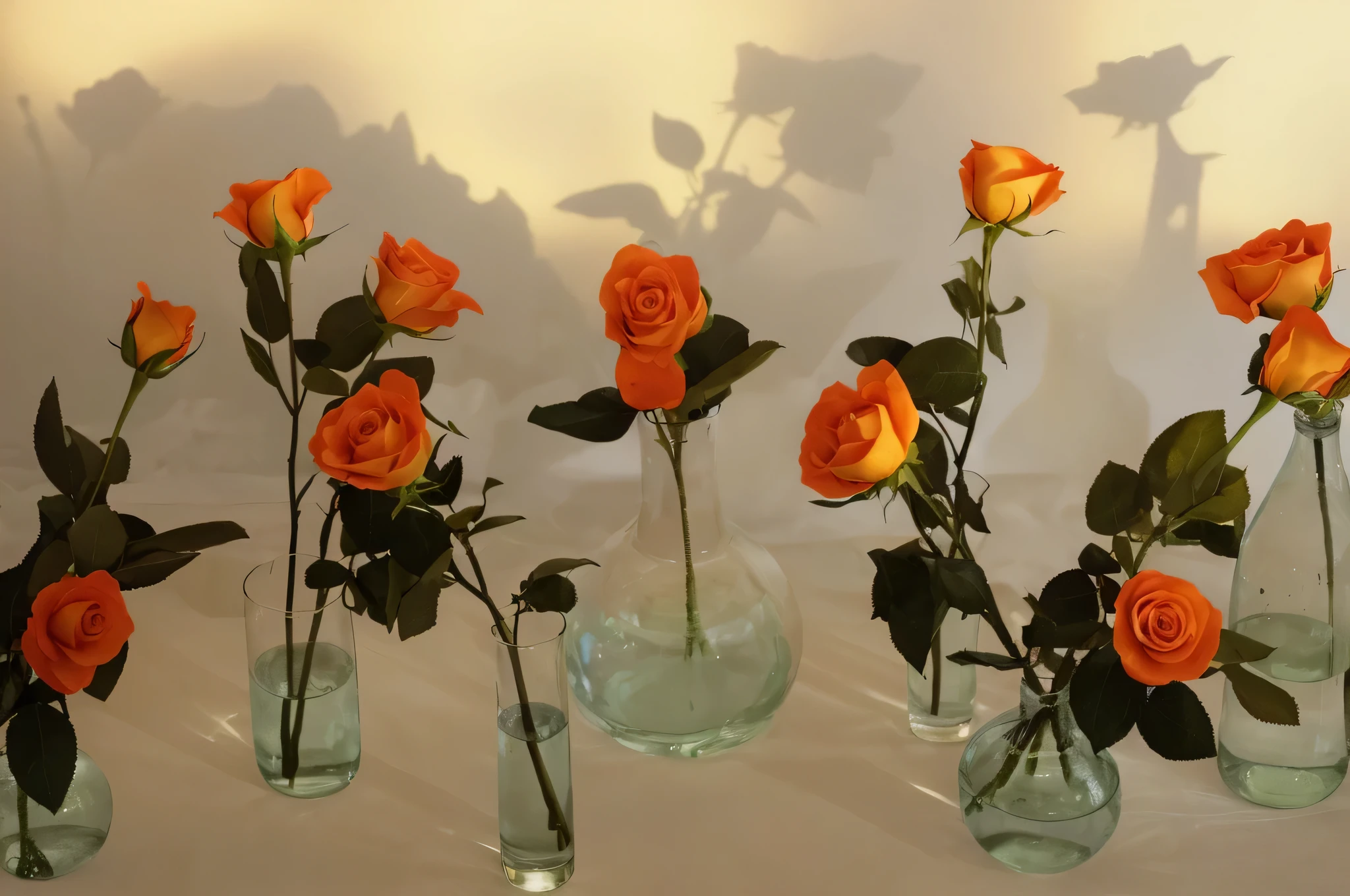 there are five vases with orange roses in them on a table, roses in cinematic light, a few roses, flowers and stems, melanchonic rose soft light, glass flowers, roses, i dream of a vase flowers, rosses, translucent roses ornate, by Maeda Masao, by Marion Ancrum, decorative roses, beautiful composition