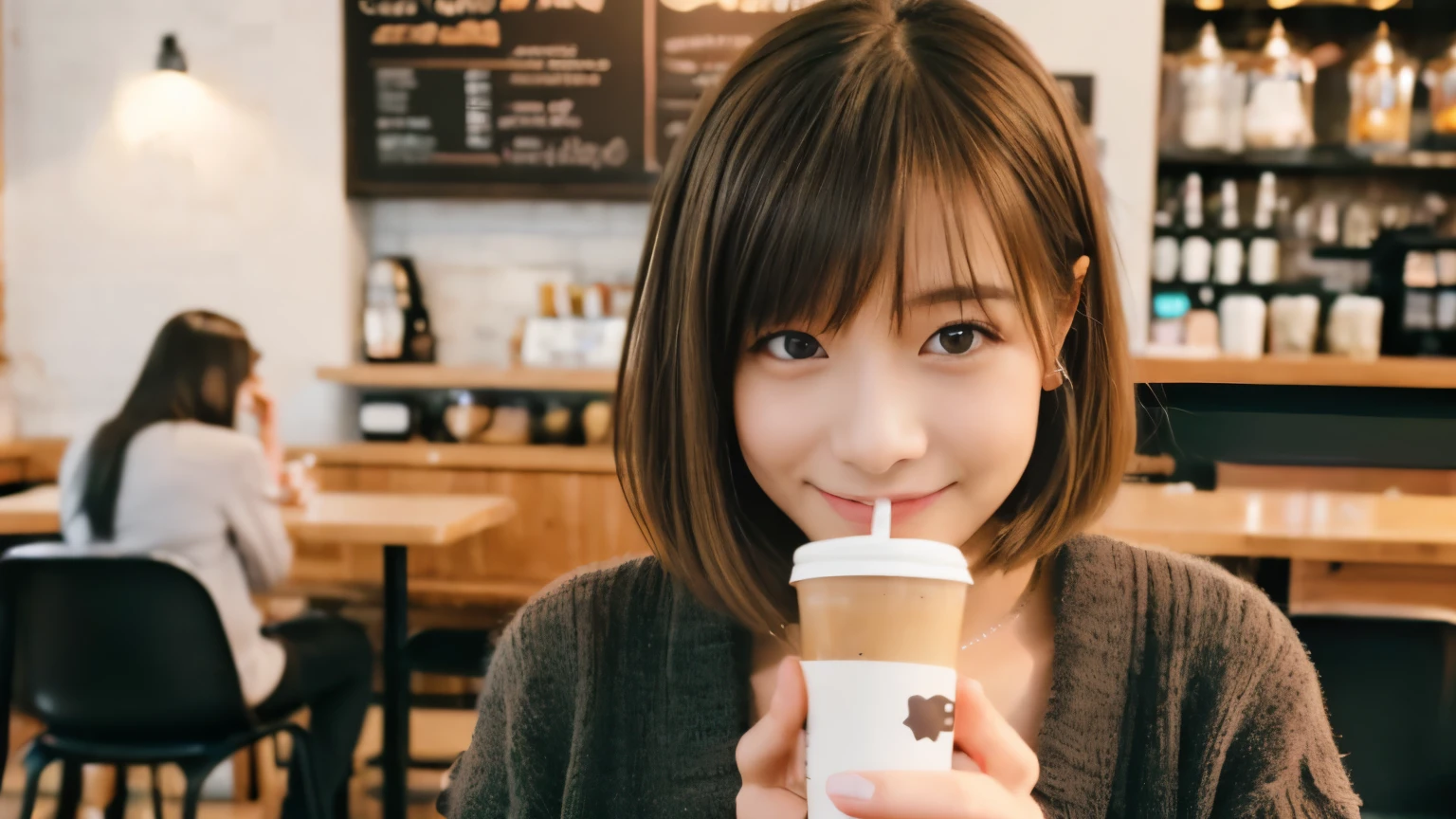 ((最high quality, 8k, masterpiece: 1.3)), perfect face,Inside a stylish cafe in New York、A scene in which a beautiful model-like woman with big breasts is drinking a latte and studying on a laptop.,everything around you, I can see other customers enjoying themselves too...。At the back of the cafe、Staff are busy working at the counter.、Feel the vibrancy and warmth of a city cafe.., sharp focus, 1 girl, sexy 1.2, brown hair, With bangs, (layered short hair), (big: 1.5), fine eyes, Beautiful eyes with slit length, double eyelid, (cat face), (cute Face), cute Smile, (close your mouth), (cute), soft skin, show the whole body, surreal, Super detailed, high quality, (カフェで勉強するショートヘアでbrown hairの美しい女子大生), ((詳細な非常にcute女子大生), ((big胸 It can be seen even through clothes)),Staring at my boyfriend