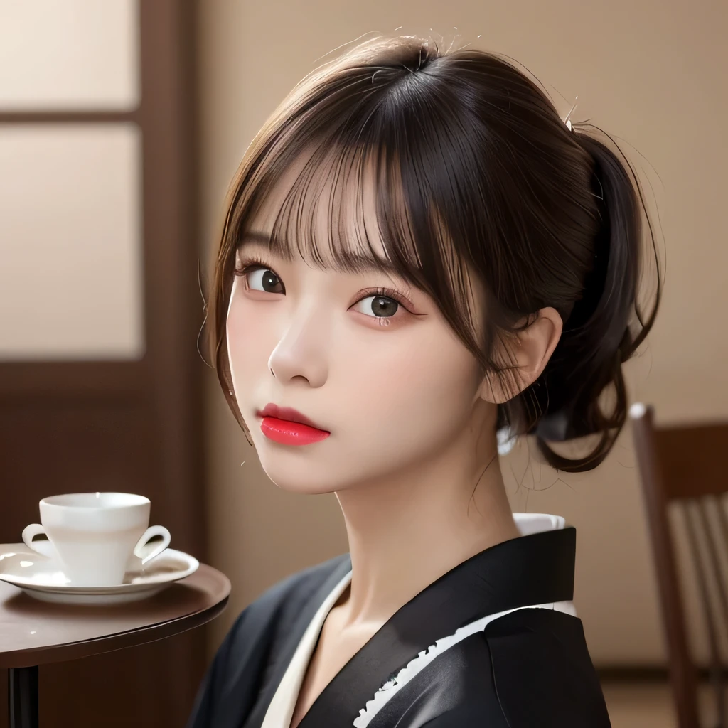 (table top:1.3), (8k, realistic, RAW photo, highest quality: 1.4), Japanese, (Women of the Edo period), Japanese clothing from the Edo period、expensive kimono、brightly colored kimono、Edo period hair、Japanese hair、hairpin、kimono hairstyle、short ponytail、parted bangs、beautiful face, (random face), (black hair), beautiful nape, realistic eyes, fine and beautiful eyes, (realistic skin), beautiful skin, charm, 超A high resolution, 超realistic, very detailed, golden ratio,, beautiful clavicle, pure white makeup、bright red lipstick、In a Japanese room、18-year-old,