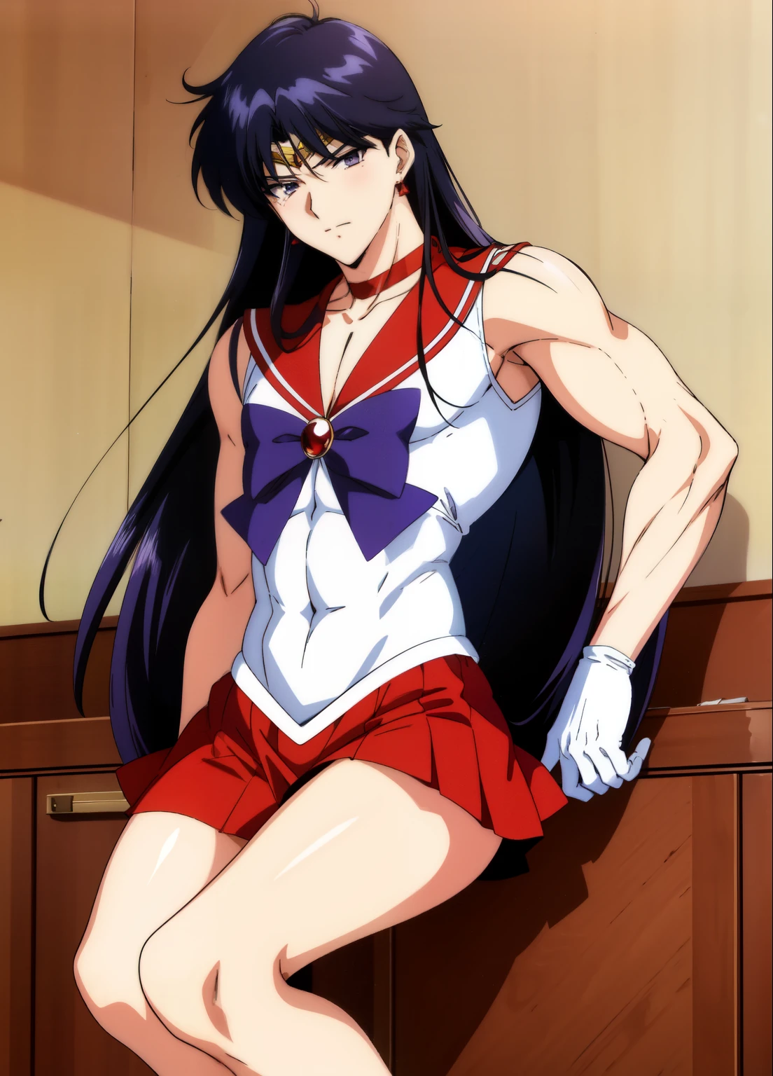 highest quality anime art、masterpiece、high definition anime art、アニメ4Kstyle、High resolution、anime boy、cool boy、Cool Junior High School Boy、Have a subtle facial expression、sailor warrior uniform、sailor mars、gender change、gender change(girl to boy)、red sailor collar、Rei Hino、Masculinization、solo、earrings、jewelry、boy with very long black hair、Masculinization、white leotard、high leg leotard、white dress、white gloves、elbow bag、a boy is sitting on a throne、muscular and strong body、red_back_bow、blue_bow_tie、indoors、castle、red choker、blue bow tie、magical boy、blush、red skirt、skirt、boy with purple eyes、bare shoulders、bare legs、circlet、bow、back_bow、mini skirt、pleated skirt、rating:questionable、Hymn to the King as a Prince、(1990s\(style\):0.9)、