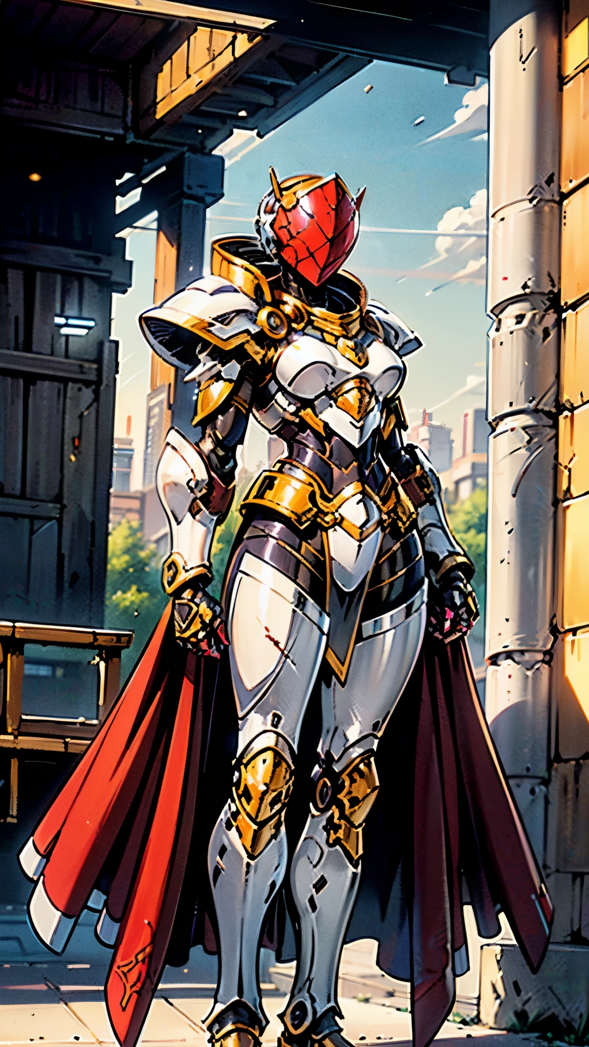 A woman adorned in fantasy-style full-body armor, a crown-concept fully enclosed helmet that unveils only her eyes, a composite layered chest plate, fully encompassing shoulder and hand guards, a lightweight waist armor, form-fitting shin guards, the overall design is heavy-duty yet flexible, ((the armor gleams with a golden glow, complemented by red and blue accents)), exhibiting a noble aura, she floats above a fantasy-surreal high-tech city, this character embodies a finely crafted fantasy-surreal style armored hero in anime style, exquisite and mature manga art style, (Queen bee mixed with Spider concept Armor, plasma, blood), ((Element, energy, elegant, goddess, femminine:1.5)), metallic, high definition, best quality, highres, ultra-detailed, ultra-fine painting, extremely delicate, professional, anatomically correct, symmetrical face, extremely detailed eyes and face, high quality eyes, creativity, RAW photo, UHD, 32k, Natural light, cinematic lighting, masterpiece-anatomy-perfect, masterpiece:1.5
