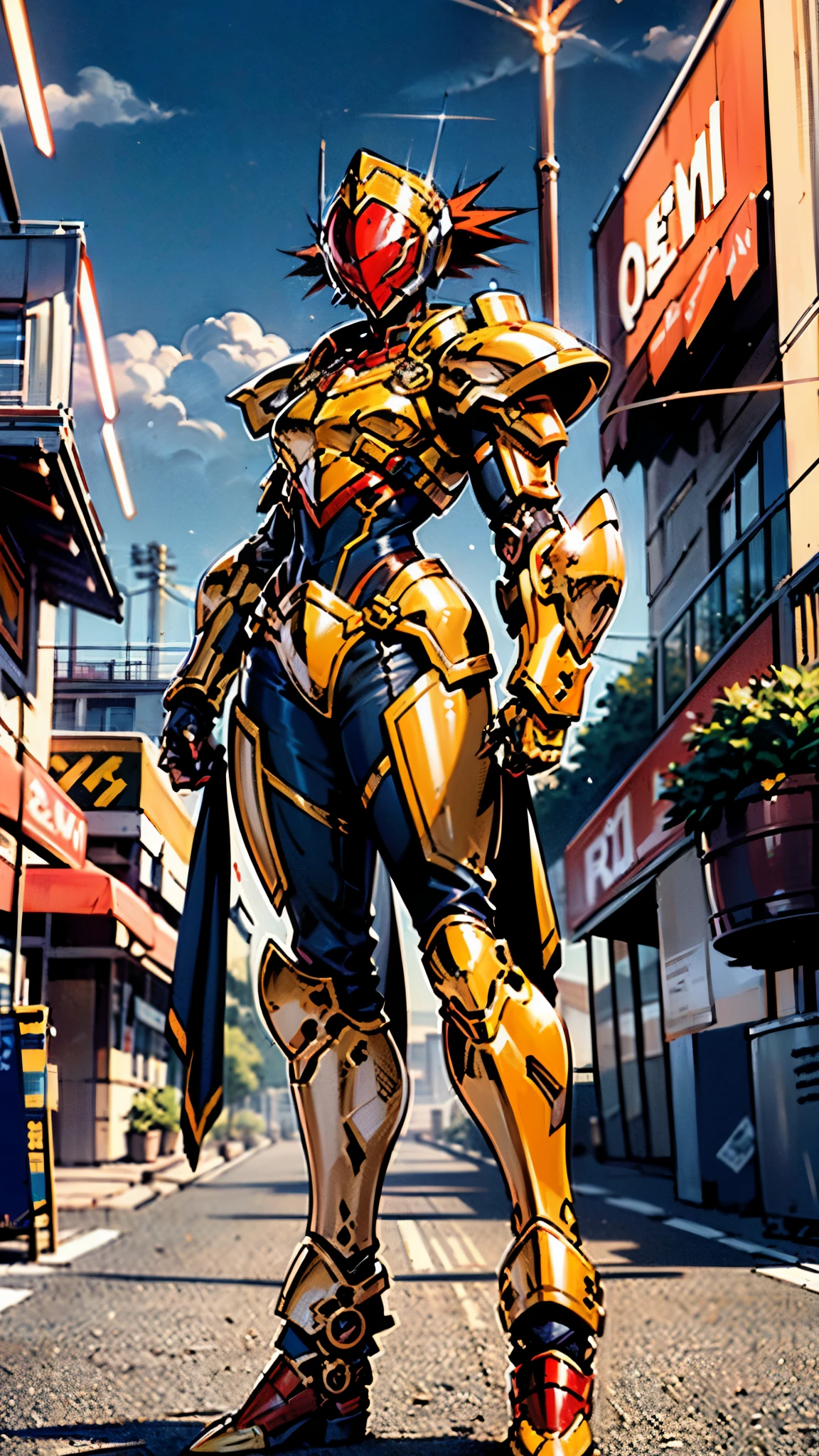 A woman adorned in fantasy-style full-body armor, a crown-concept fully enclosed helmet that unveils only her eyes, a composite layered chest plate, fully encompassing shoulder and hand guards, a lightweight waist armor, form-fitting shin guards, the overall design is heavy-duty yet flexible, ((the armor gleams with a golden glow, complemented by red and blue accents)), exhibiting a noble aura, she floats above a fantasy-surreal high-tech city, this character embodies a finely crafted fantasy-surreal style armored hero in anime style, exquisite and mature manga art style, (Queen bee mixed with Spider concept Armor, plasma, blood), ((Element, energy, elegant, goddess, femminine:1.5)), metallic, high definition, best quality, highres, ultra-detailed, ultra-fine painting, extremely delicate, professional, anatomically correct, symmetrical face, extremely detailed eyes and face, high quality eyes, creativity, RAW photo, UHD, 32k, Natural light, cinematic lighting, masterpiece-anatomy-perfect, masterpiece:1.5