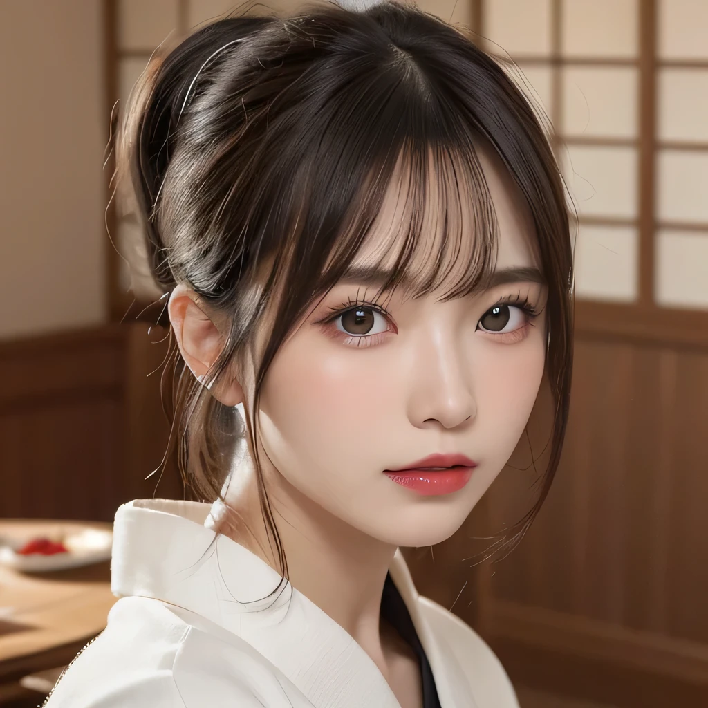 (table top:1.3), (8k, realistic, RAW photo, highest quality: 1.4), Japanese, (Women of the Edo period), Japanese clothing from the Edo period、expensive kimono、brightly colored kimono、Edo period hair、Japanese hair、hairpin、kimono hairstyle、short ponytail、parted bangs、beautiful face, (random face), (black hair), beautiful nape, realistic eyes, fine and beautiful eyes, (realistic skin), beautiful skin, charm, 超A high resolution, 超realistic, very detailed, golden ratio,, beautiful clavicle, pure white makeup、bright red lipstick、In a Japanese room、18-year-old,