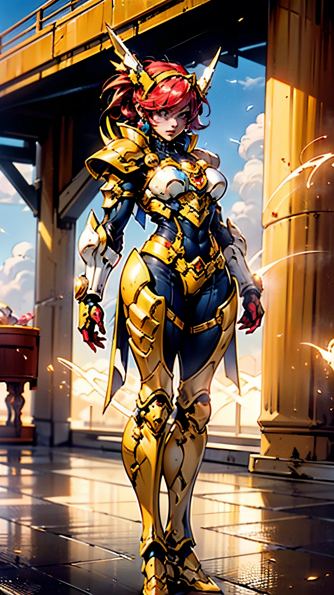 A woman adorned in fantasy-style full-body armor, a crown-concept fully enclosed helmet that unveils only her eyes, a composite layered chest plate, fully encompassing shoulder and hand guards, a lightweight waist armor, form-fitting shin guards, the overall design is heavy-duty yet flexible, ((the armor gleams with a golden glow, complemented by red and blue accents)), exhibiting a noble aura, she floats above a fantasy-surreal high-tech city, this character embodies a finely crafted fantasy-surreal style armored hero in anime style, exquisite and mature manga art style, (Queen bee mixed with Spider concept Armor, plasma, blood), ((Element, energy, elegant, goddess, femminine:1.5)), metallic, high definition, best quality, highres, ultra-detailed, ultra-fine painting, extremely delicate, professional, anatomically correct, symmetrical face, extremely detailed eyes and face, high quality eyes, creativity, RAW photo, UHD, 32k, Natural light, cinematic lighting, masterpiece-anatomy-perfect, masterpiece:1.5