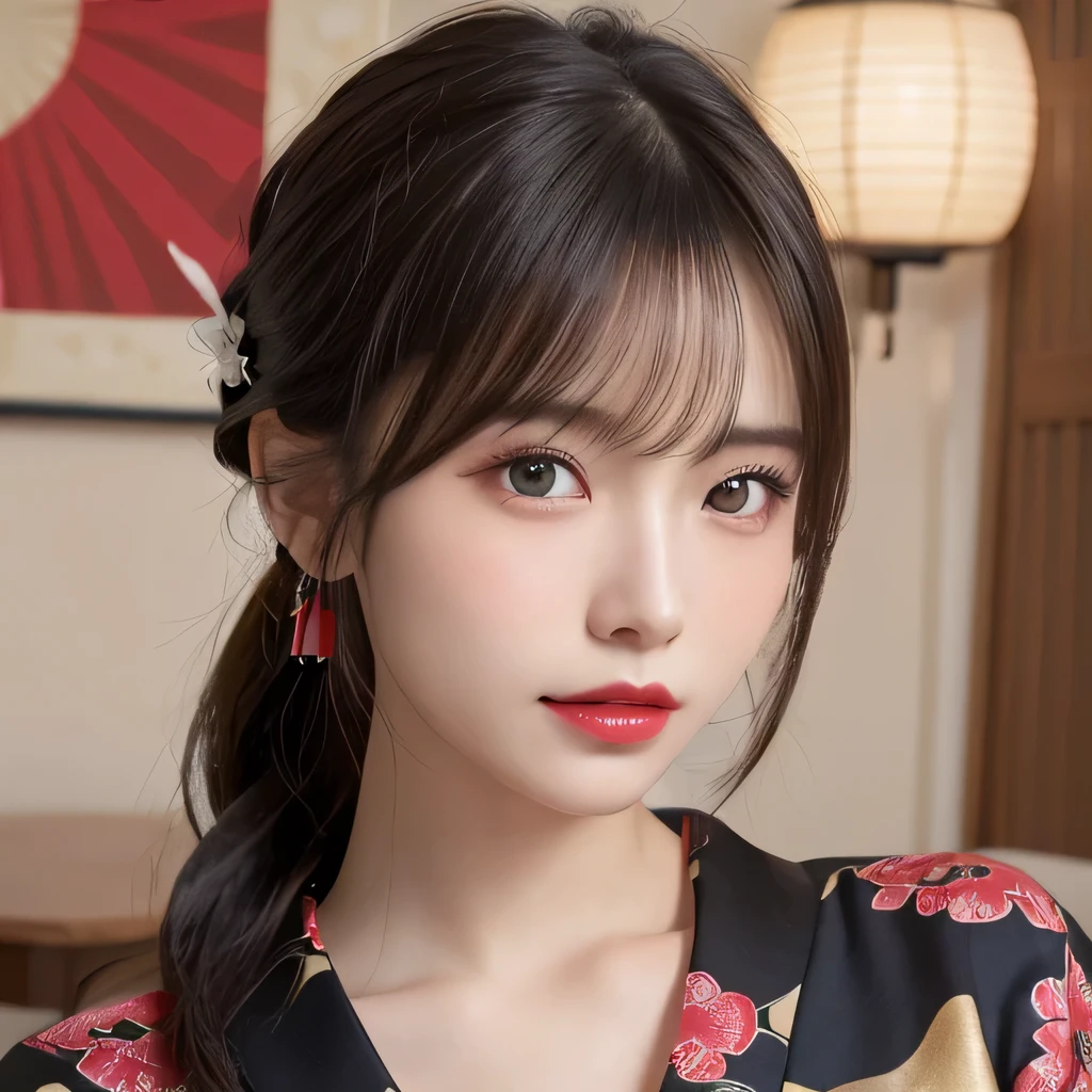 (table top:1.3), (8k, realistic, RAW photo, highest quality: 1.4), Japanese, (Women of the Edo period), Japanese clothing from the Edo period、expensive kimono、brightly colored kimono、Edo period hair、Japanese hair、hairpin、kimono hairstyle、short ponytail、parted bangs、beautiful face, (random face), (black hair), beautiful nape, realistic eyes, fine and beautiful eyes, (realistic skin), beautiful skin, charm, 超A high resolution, 超realistic, very detailed, golden ratio,, beautiful clavicle, pure white makeup、bright red lipstick、In a Japanese room、18-year-old,