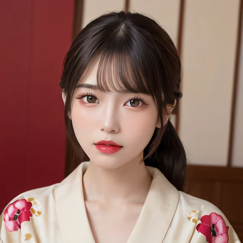 (table top:1.3), (8k, realistic, RAW photo, highest quality: 1.4), Japanese, (Women of the Edo period), Japanese clothing from the Edo period、expensive kimono、brightly colored kimono、Edo period hair、Japanese hair、hairpin、kimono hairstyle、short ponytail、parted bangs、beautiful face, (random face), (black hair), beautiful nape, realistic eyes, fine and beautiful eyes, (realistic skin), beautiful skin, charm, 超A high resolution, 超realistic, very detailed, golden ratio,, beautiful clavicle, pure white makeup、bright red lipstick、In a Japanese room、18-year-old,