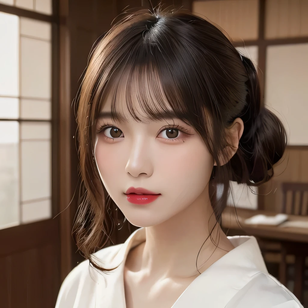(table top:1.3), (8k, realistic, RAW photo, highest quality: 1.4), Japanese, (Women of the Edo period), Japanese clothing from the Edo period、expensive kimono、brightly colored kimono、Edo period hair、Japanese hair、hairpin、kimono hairstyle、short ponytail、parted bangs、beautiful face, (realistic face), (black hair), beautiful nape, realistic eyes, fine and beautiful eyes, (realistic skin), beautiful skin, charm, 超A high resolution, 超realistic, very detailed, golden ratio,, beautiful clavicle, pure white makeup、bright red lipstick、In a Japanese room、15 years old,
