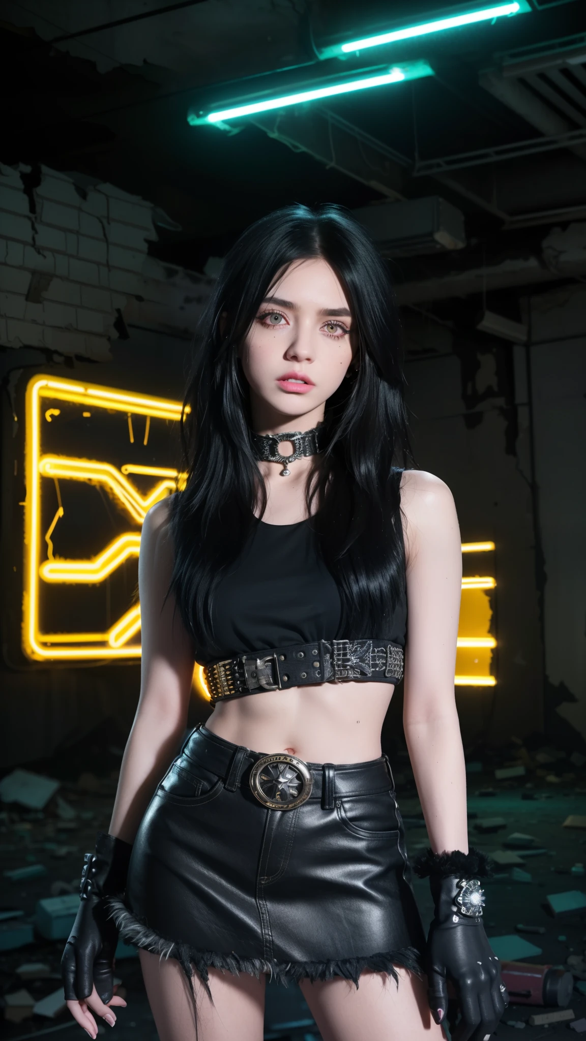 (night), black long fluffy hair, yellow eyes, look punk emo (feather trim sleeveless top,gloves, mini skirt), at the desert, bratz style, (abandoned building, neon light, neon lights in abandoned buildings background, rocks), (realistic:1.2), (masterpiece:1.2), ((Cowboy-shot:1.2), dark romantic lighting, (highly detailed:1.2),(detailed face:1.2), (gradients), colorful, detailed eyes, (natural lighting:1.2), solo, pale skin