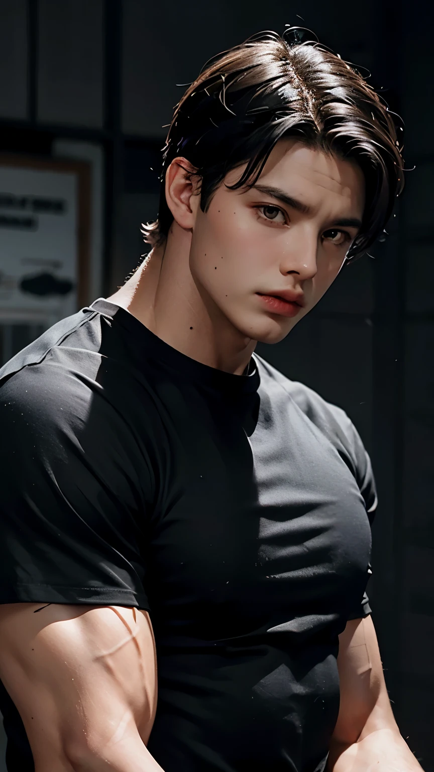Young Bruce Wayne man black hair, big muscular body, black t-shirt, in a dark night background half body short