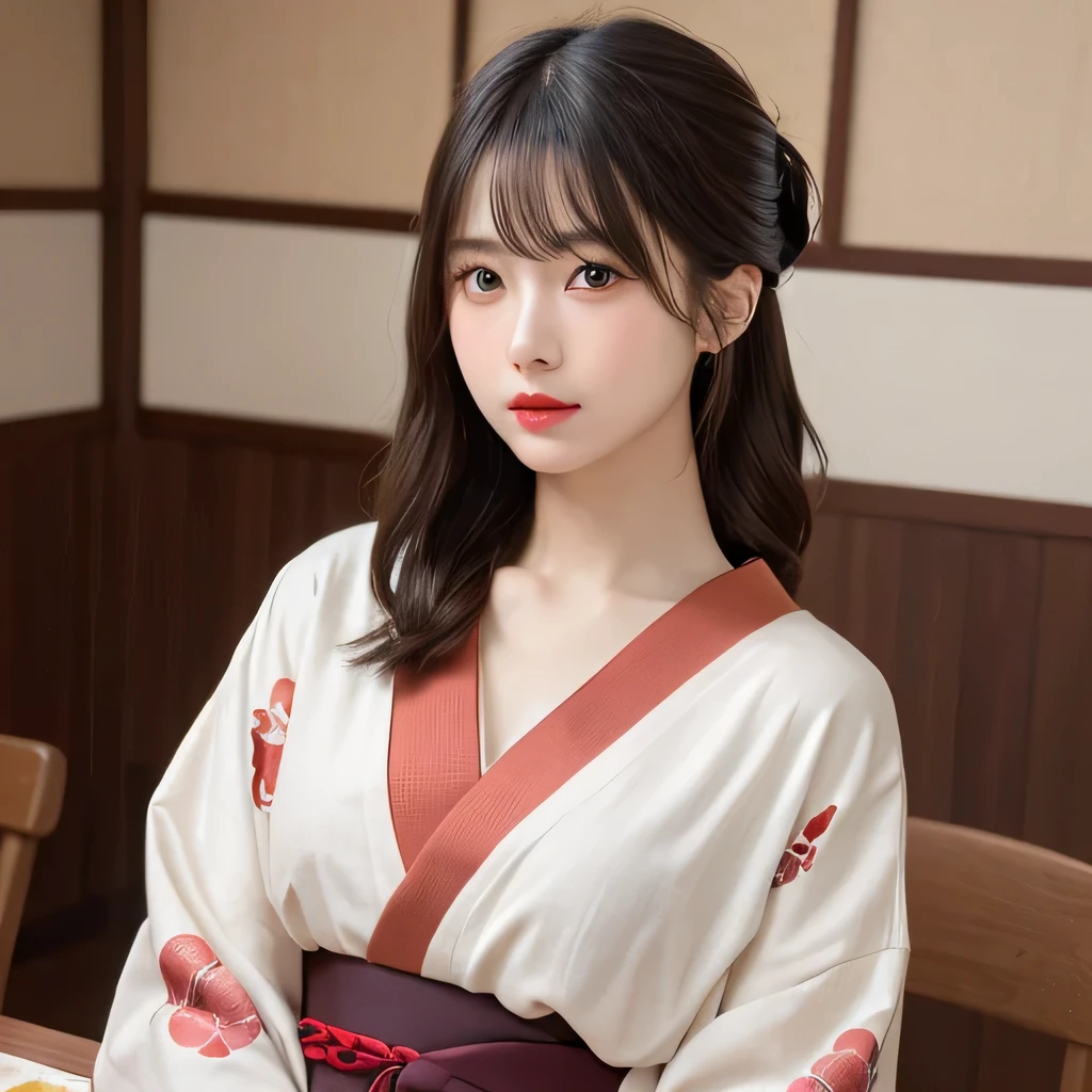 (table top:1.3), (8k, realistic, RAW photo, highest quality: 1.4), Japanese, (Women of the Edo period), Japanese clothing from the Edo period、expensive kimono、brightly colored kimono、Edo period hair、Japanese hair、hairpin、kimono hairstyle、short ponytail、parted bangs、beautiful face, (realistic face), (black hair), beautiful nape, realistic eyes, fine and beautiful eyes, (realistic skin), beautiful skin, charm, 超A high resolution, 超realistic, very detailed, golden ratio,, beautiful clavicle, pure white makeup、bright red lipstick、In a Japanese room、15 years old,