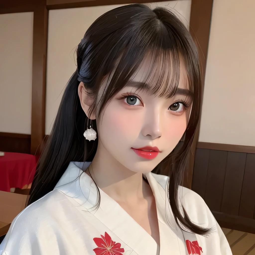 (table top:1.3), (8k, realistic, RAW photo, highest quality: 1.4), Japanese, (Women of the Edo period), Japanese clothing from the Edo period、expensive kimono、brightly colored kimono、Edo period hair、Japanese hair、big barrel、beautiful hairpin、kimono hairstyle、short ponytail、parted bangs、beautiful face, (realistic face), (black hair), beautiful nape, realistic eyes, fine and beautiful eyes, (realistic skin), beautiful skin, charm, 超A high resolution, 超realistic, very detailed, golden ratio,, beautiful clavicle, pure white makeup、bright red lipstick、In a Japanese room、15 years old,