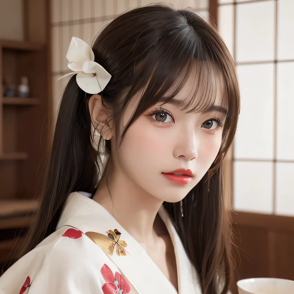 (table top:1.3), (8k, realistic, RAW photo, highest quality: 1.4), Japanese, (Women of the Edo period), Japanese clothing from the Edo period、expensive kimono、brightly colored kimono、Edo period hair、Japanese hair、big barrel、beautiful hairpin、kimono hairstyle、short ponytail、parted bangs、beautiful face, (realistic face), (black hair), beautiful nape, realistic eyes, fine and beautiful eyes, (realistic skin), beautiful skin, charm, 超A high resolution, 超realistic, very detailed, golden ratio,, beautiful clavicle, pure white makeup、bright red lipstick、In a Japanese room、,