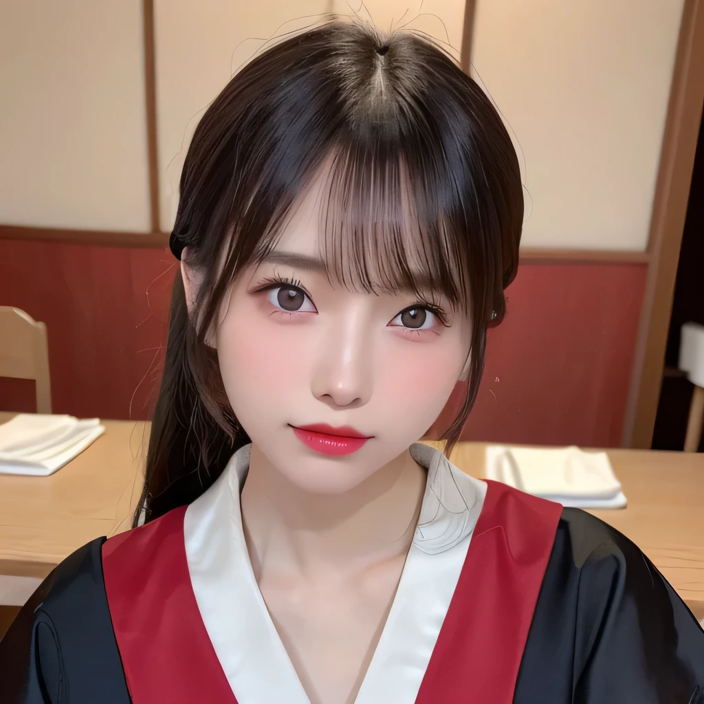 (table top:1.3), (8k, realistic, RAW photo, highest quality: 1.4), Japanese, (Women of the Edo period), Japanese clothing from the Edo period、expensive kimono、brightly colored kimono、Edo period hair、Japanese hair、big barrel、beautiful hairpin、kimono hairstyle、short ponytail、parted bangs、beautiful face, (realistic face), (black hair), beautiful nape, realistic eyes, fine and beautiful eyes, (realistic skin), beautiful skin, charm, 超A high resolution, 超realistic, very detailed, golden ratio,, beautiful clavicle, pure white makeup、bright red lipstick、In a Japanese room、,