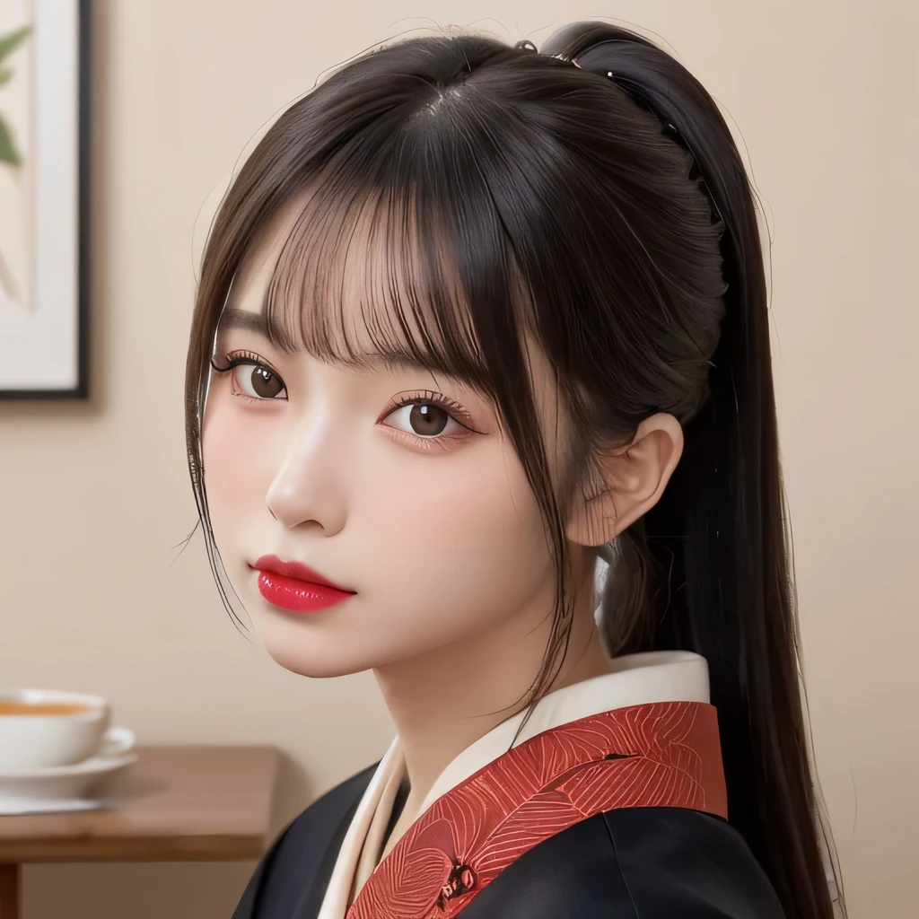 (table top:1.3), (8k, realistic, RAW photo, highest quality: 1.4), Japanese, (Women of the Edo period), Japanese clothing from the Edo period、expensive kimono、brightly colored kimono、Edo period hair、Japanese hair、big barrel、beautiful hairpin、kimono hairstyle、short ponytail、parted bangs、beautiful face, (realistic face), (black hair), beautiful nape, realistic eyes, fine and beautiful eyes, (realistic skin), beautiful skin, charm, 超A high resolution, 超realistic, very detailed, golden ratio,, beautiful clavicle, pure white makeup、bright red lipstick、In a Japanese room、,