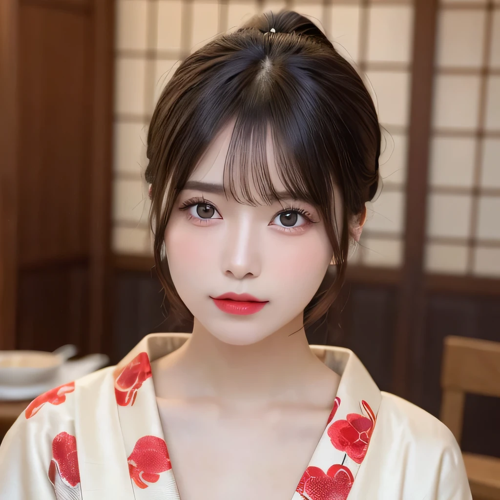 (table top:1.3), (8k, realistic, RAW photo, highest quality: 1.4), Japanese, (Women of the Edo period), Japanese clothing from the Edo period、expensive kimono、brightly colored kimono、Edo period hair、Japanese hair、big barrel、beautiful hairpin、kimono hairstyle、short ponytail、parted bangs、beautiful face, (realistic face), (black hair), beautiful nape, realistic eyes, fine and beautiful eyes, (realistic skin), beautiful skin, charm, 超A high resolution, 超realistic, very detailed, golden ratio,, beautiful clavicle, pure white makeup、bright red lipstick、In a Japanese room、15 years old,