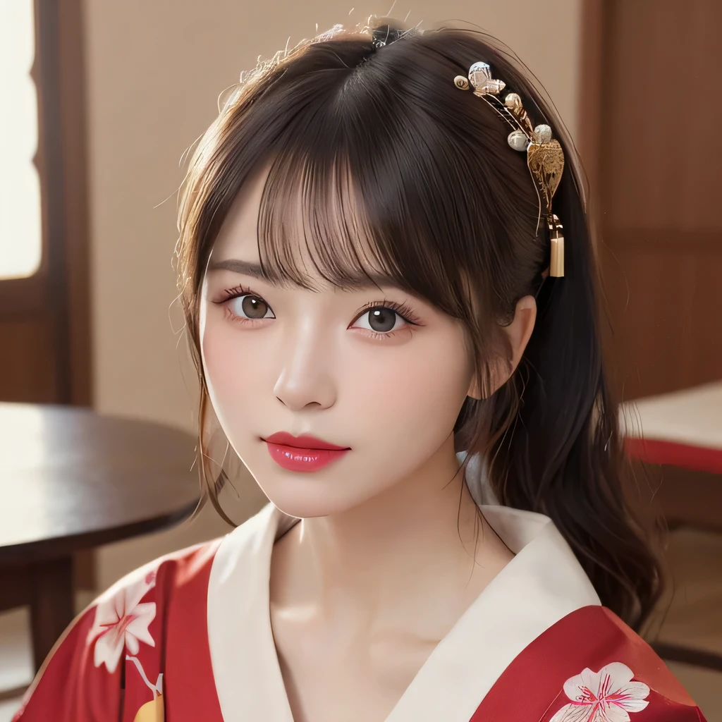 (table top:1.3), (8k, realistic, RAW photo, highest quality: 1.4), Japanese, (Women of the Edo period), Japanese clothing from the Edo period、expensive kimono、brightly colored kimono、Edo period hair、Japanese hair、big barrel、beautiful hairpin、kimono hairstyle、short ponytail、parted bangs、beautiful face, (realistic face), (black hair), beautiful nape, realistic eyes, fine and beautiful eyes, (realistic skin), beautiful skin, charm, 超A high resolution, 超realistic, very detailed, golden ratio,, beautiful clavicle, pure white makeup、bright red lipstick、In a Japanese room、15 years old,