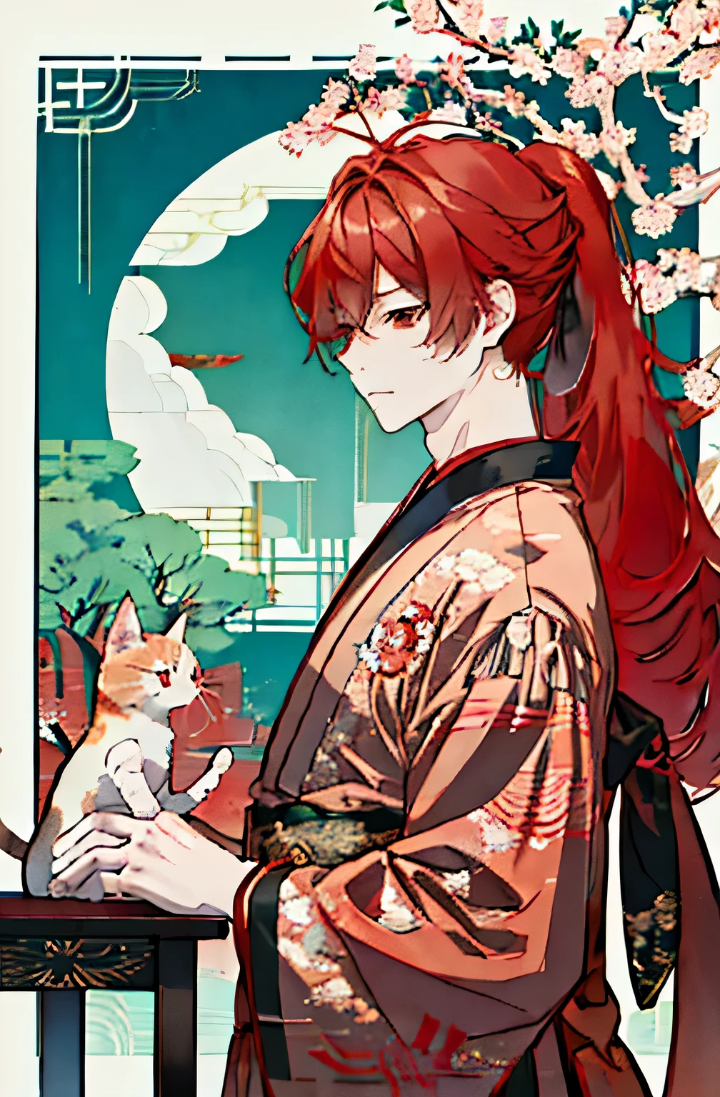 Masterpiece, Best quality, For a long time \(Genshin&#39;influence\), 1 boy, male focus, Red hair, Red eyes, long hair, for a long time, deer, trees, Cats, Domestic cats, Kimono, smile, adult