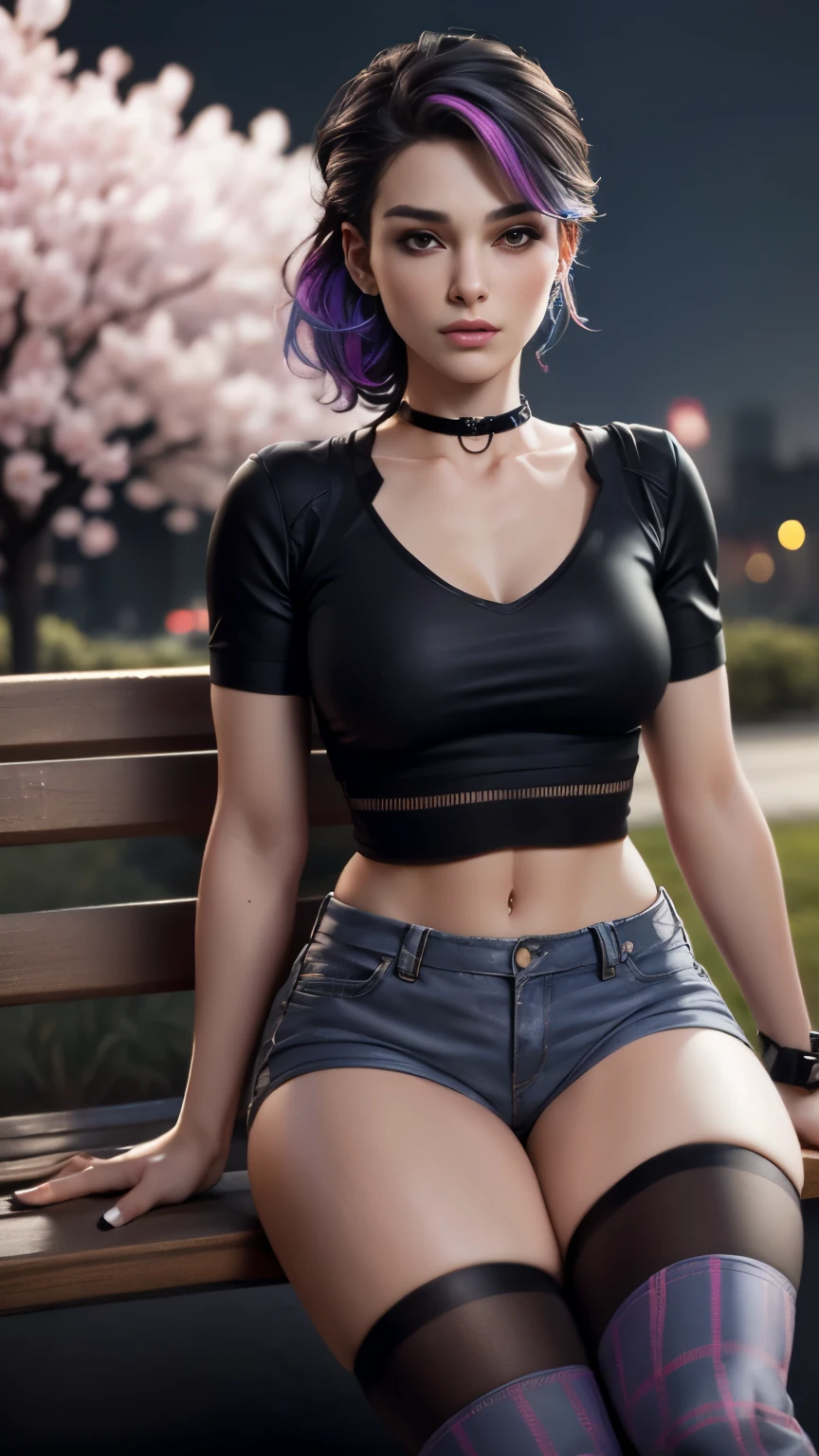 photo of celebrity, RAW, beautiful woman, ((portrait)), ((detailed face, colorful rainbow hair:1.2)), ((detailed facial feature, detailed skin, clear skin, parted lips), (perfect proportioned body, medium breasts, cleavage), (wearing tight ripped black shirt, choker, short shorts, thigh high stockings, plaid b&w sneakers: 1.5)), sitting on a bench, (high detailed park with cherry blossoms: 1.3), (realistic photo, best quality, detailed), (8k wallpaper), (cinematic lighting, dramatic lighting) (sharp focus, intricate)