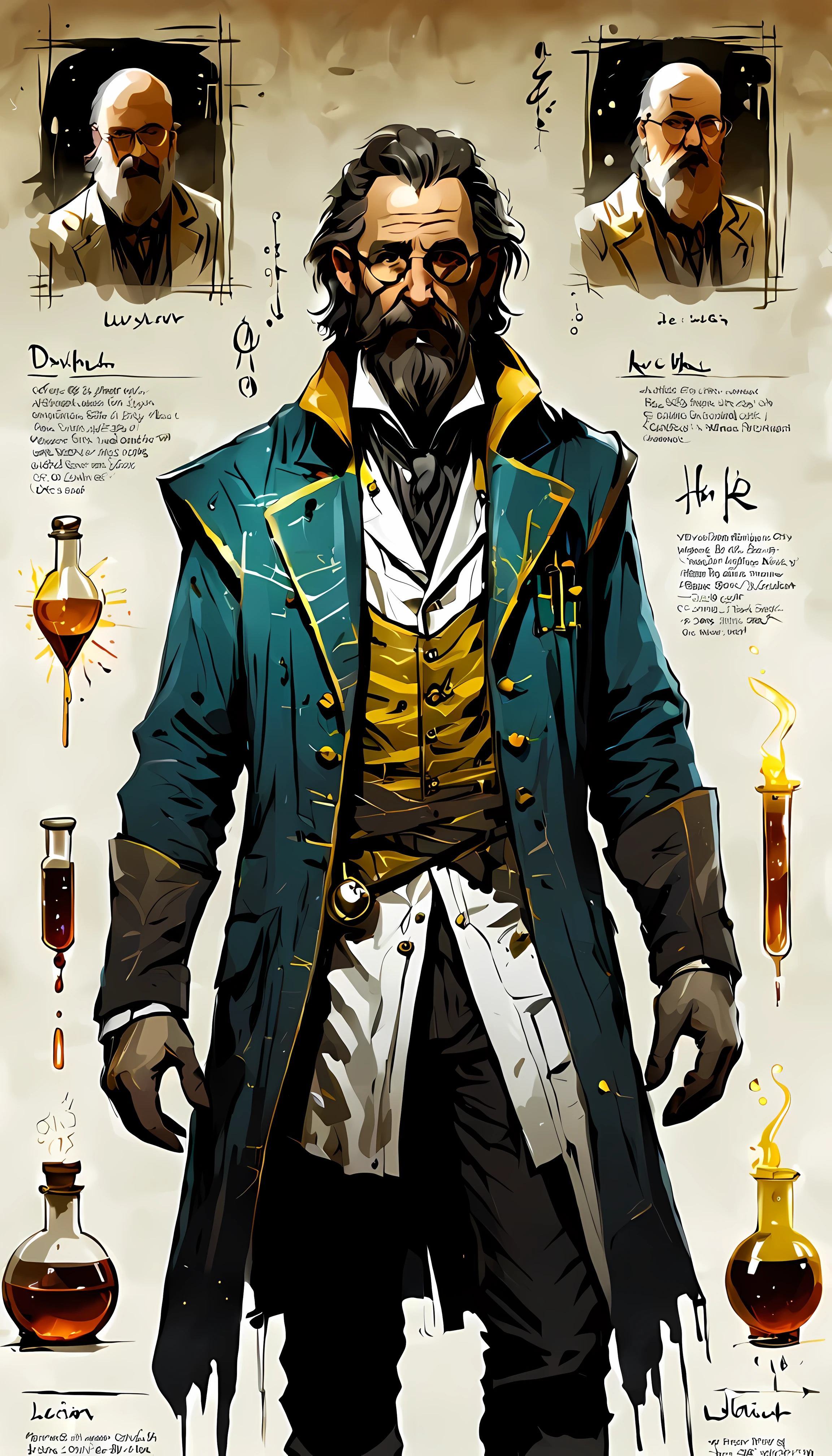 (sketch_sheet), front view of eccentric Dr. Lucian, a mysterious alchemist unkempt hair that falls in dark tangles around his face, wearing a tattered stained lab coat that drapes loosely over his tall and thin body, alchemical attire, a vest adorned with numerous vials filled with glowing liquids of various colors, golden ration, sharp focus, dynamic, cinematic, magical, masterpiece in maximum 16K resolution, superb quality. | ((More_Detail))