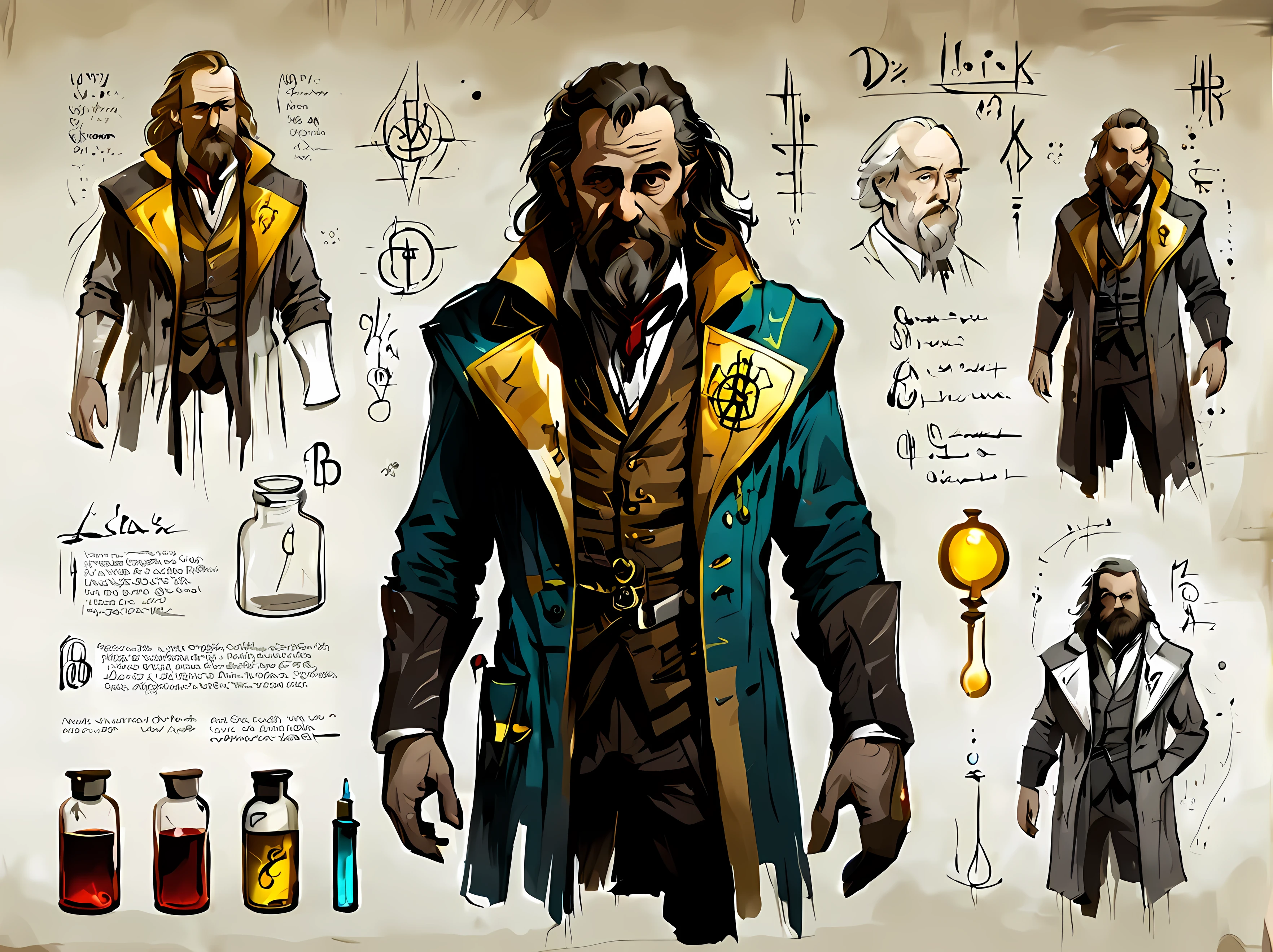 (sketch_sheet), front view of eccentric Dr. Lucian, a mysterious alchemist unkempt hair that falls in dark tangles around his face, wearing a tattered stained lab coat that drapes loosely over his tall and thin body, alchemical attire, a vest adorned with numerous vials filled with glowing liquids of various colors, golden ration, sharp focus, dynamic, cinematic, magical, masterpiece in maximum 16K resolution, superb quality. | ((More_Detail))