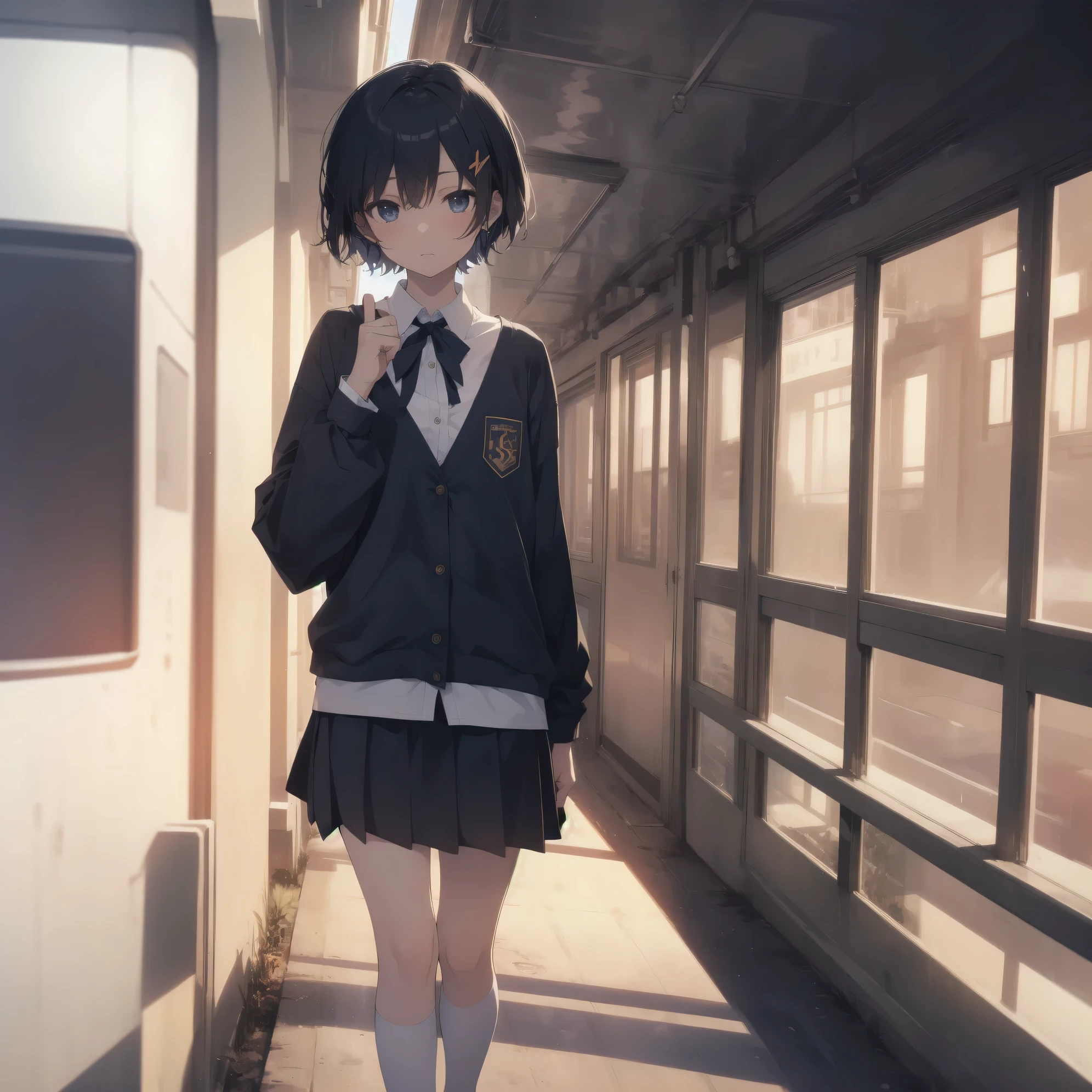 Super absurd quality by the god of art, super detailed, High resolution, anime moe art style, Best Anime 8K Kona-chan Wallpaper, pixiv contest winner, perfect anatomy, break,(眠そうにalone学校へ行く女の子を描いてください. )break,1 girl, (alone,little woman, baby face, :1.3),All limbs, full finger,, The charm of an immature body, (very_short hair), shortcut, bangs, flat chest, Small Bodysuits, small ass, between legs, small black eyes, detailed and beautiful eyes, Well-proportioned iris and pupils, expressive eyes, sleepy eyes, High resolutionの詳細な髪, hair ornaments, neck ribbon, skirt, collared shirt, pleated skirt, school uniform, school bag,(detailed lighting), (detailed background), On the way to school. break,super dense skin, Best movie lighting by famous artists, 8k,cute illustration,photoshop_(Moderate),Absurd Hi-Res,Hmm,rough skin