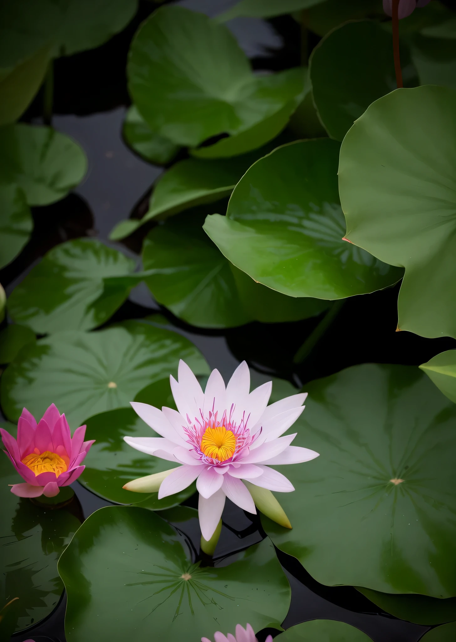 there are two pink flowers in the water surrounded by green leaves, lotus flowers on the water, lotus flowers, water lilies, with lotus flowers, lotuses, nymphaea, lotus flower, lily pad, waterlily pond, lotus pond, waterlily pads, sitting on a lotus flower, lotus petals, alpine pond with water lilies, lily pads