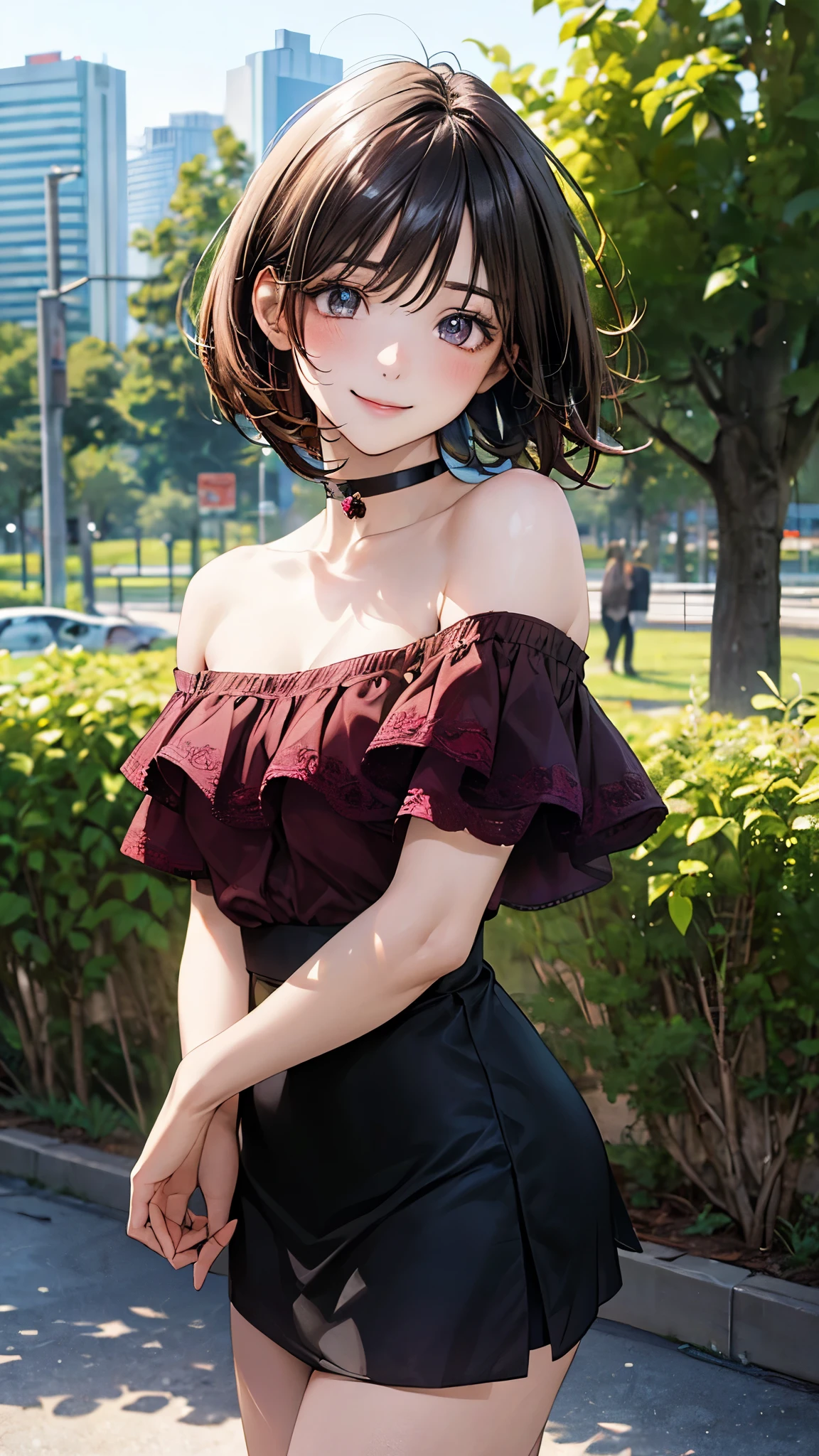 (masterpiece:1.2, top-quality), (realistic, photorealistic:1.4), beautiful illustration, (natural side lighting, movie lighting), nsfw, 
looking at viewer, 1 girl, japanese, high school girl, perfect face, cute and symmetrical face, shiny skin, 
(short hair:1.5, bob cut:1.6, brown hair), blunt bangs, hair between eyes, grey eyes, drooping eyes, slant eyes, long eye lasher, (), 
beautiful hair, beautiful face, beautiful detailed eyes, beautiful clavicle, beautiful body, beautiful chest, beautiful thigh, beautiful legs, beautiful fingers, 
((detailed cloth texture, wine-red ruffled clothes, off shoulder strapless, black mini skirt), black choker), 
(beautiful scenery), evening, (park, cityscape in the distance), walking, (lovely smile, upper eyes), 